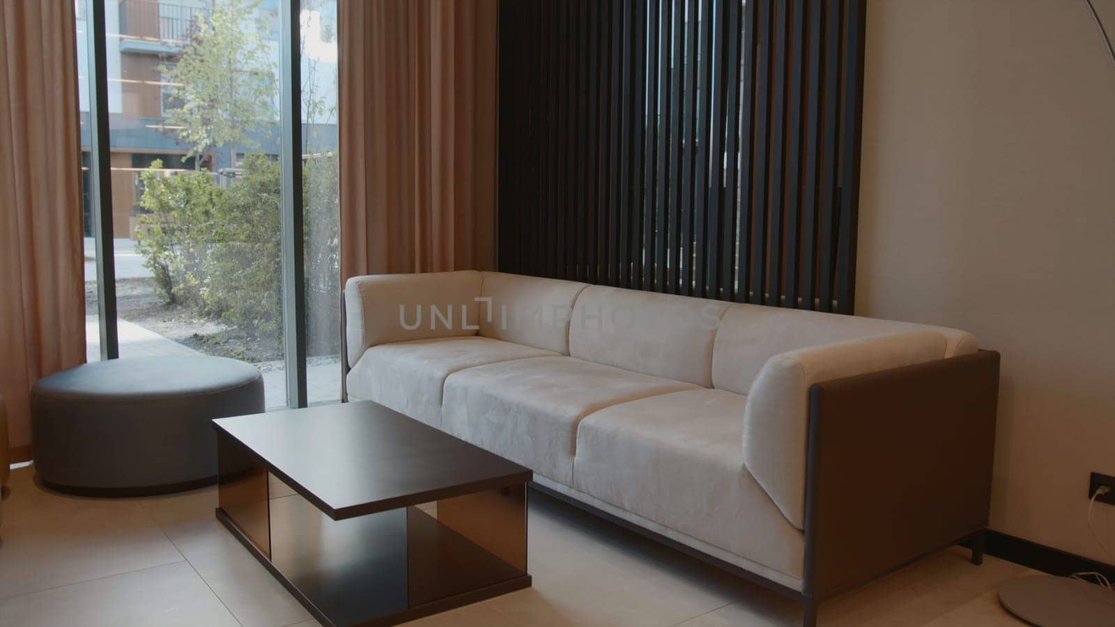 Modern stylish design of guest. Stock footage. Luxury interior design of room in apartment. Modern interior design with expensive details.