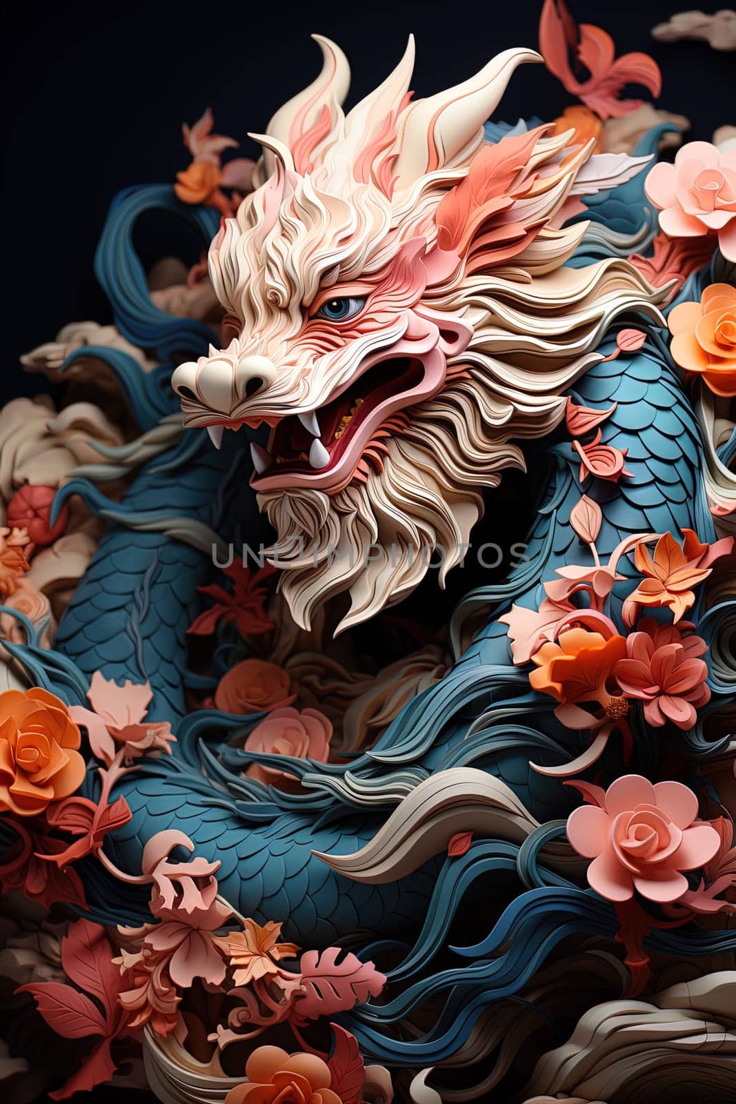 Japanese dragon, in the style of detailed multi-layered compositions, colorful wood carvings, intricate floral arrangements, close-up, colorful bright background. ai generative art