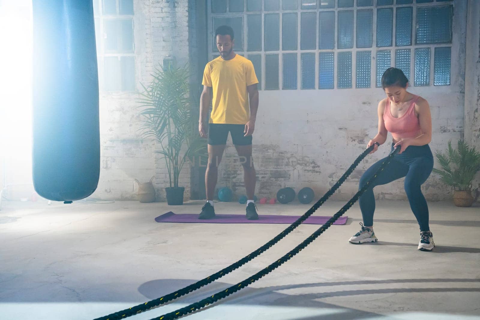 Fitness athletes training using battle ropes intense workout team exercise challenge in gym friends enjoying healthy bodybuilding endurance practice lifestyle together slow motion. High quality 4k footage