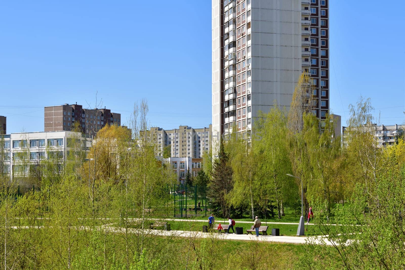 Moscow, Russia - May 11. 2021. Boulevard in the Zelenograd