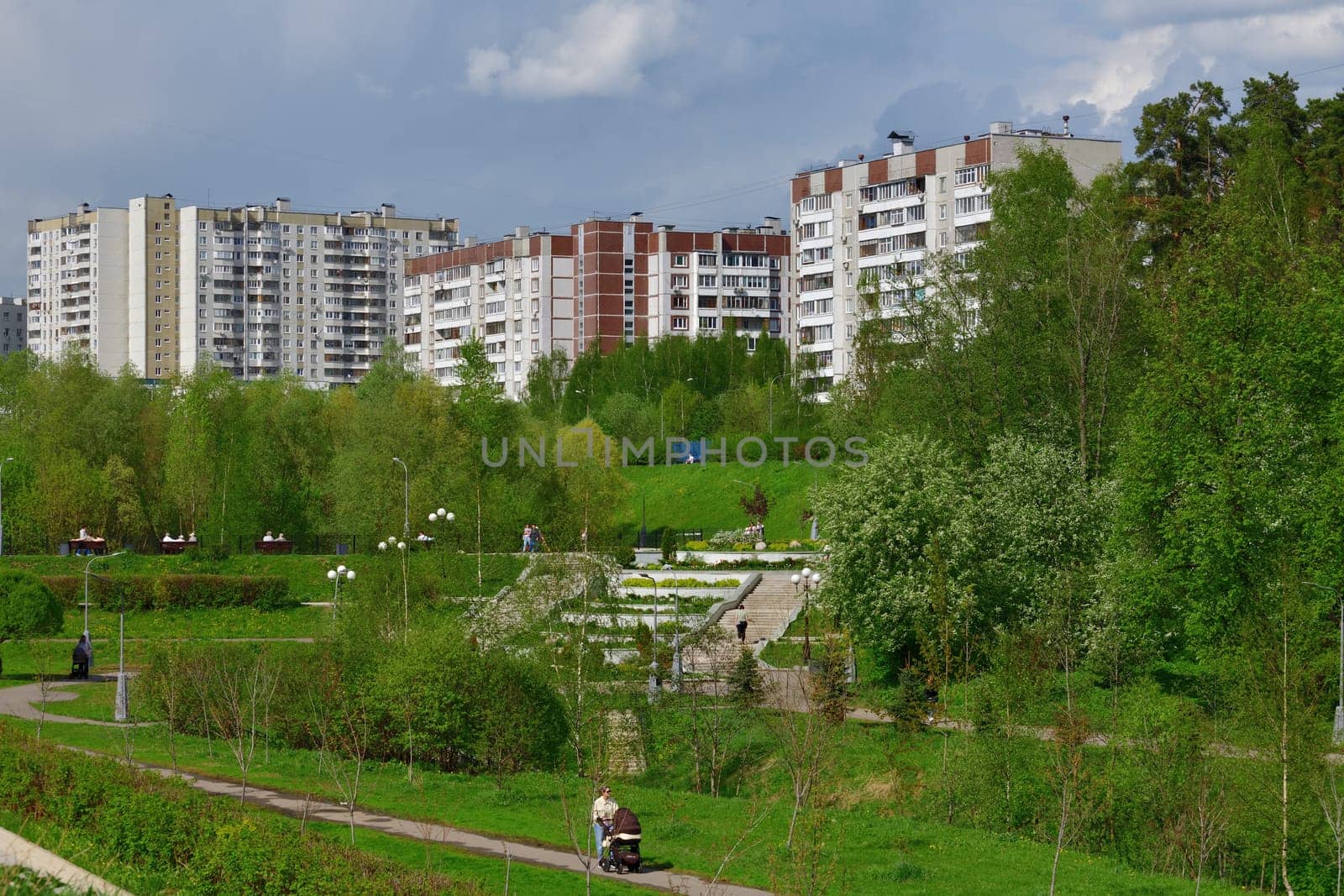 Moscow, Russia - May 11. 2021. Boulevard in the Zelenograd