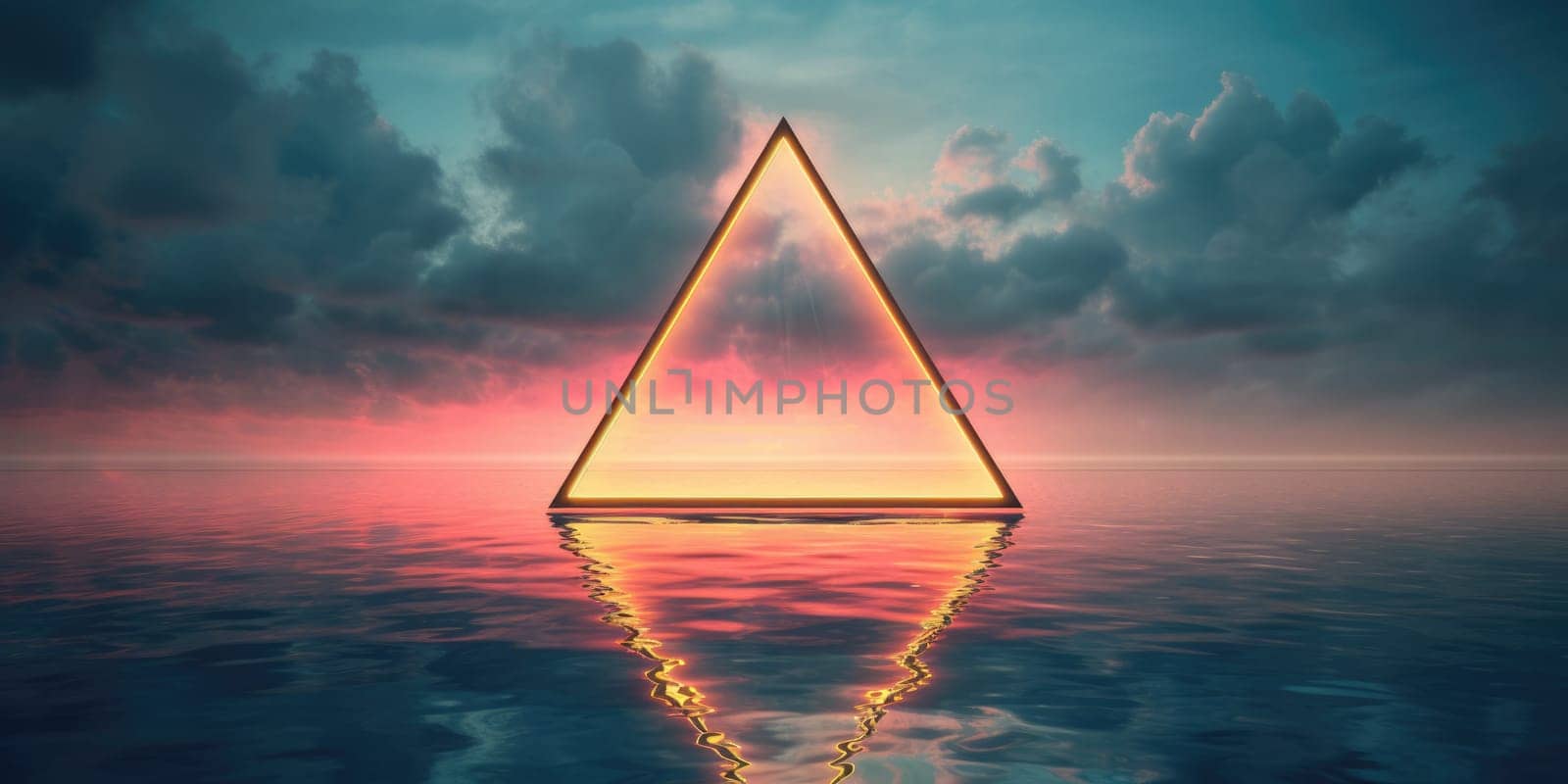 A triangle shaped empty frame neon cloud on water, in the style of vintage aesthetics. Generative AI image weber.