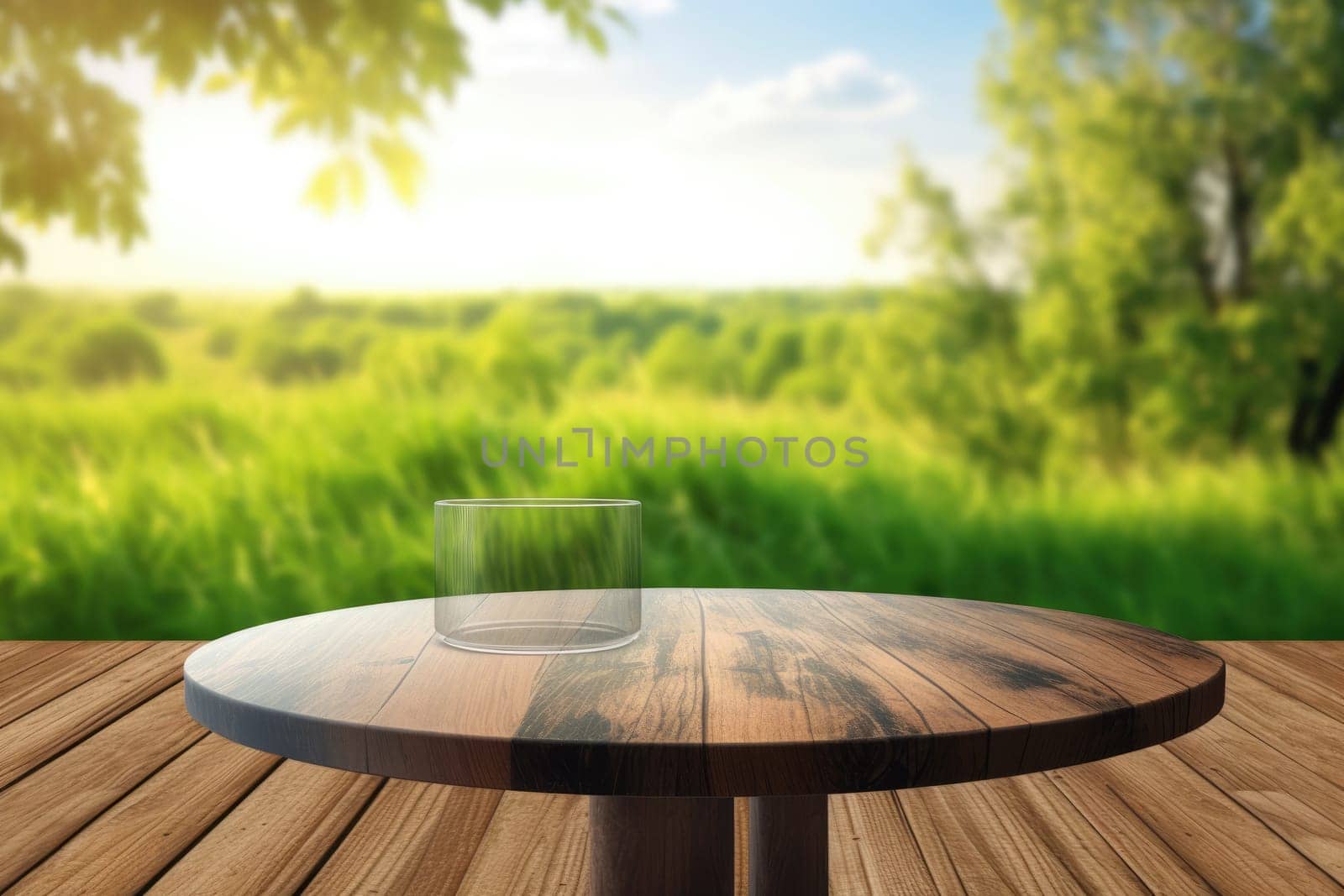 Empty table for product advertising display in natural background. Generative AI image weber.