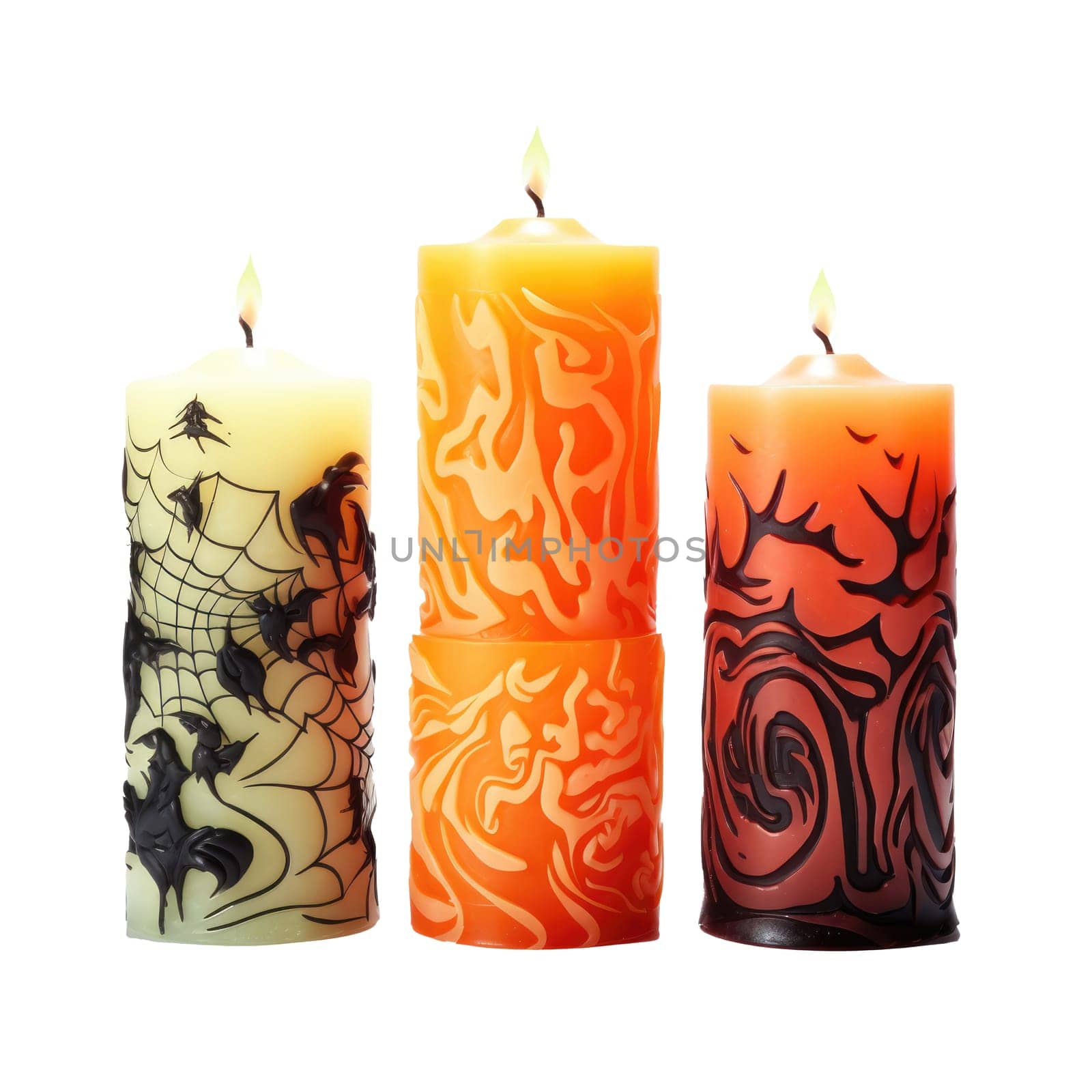 Halloween candles on white background. Isolated ominous candles for holiday or witch fortune telling