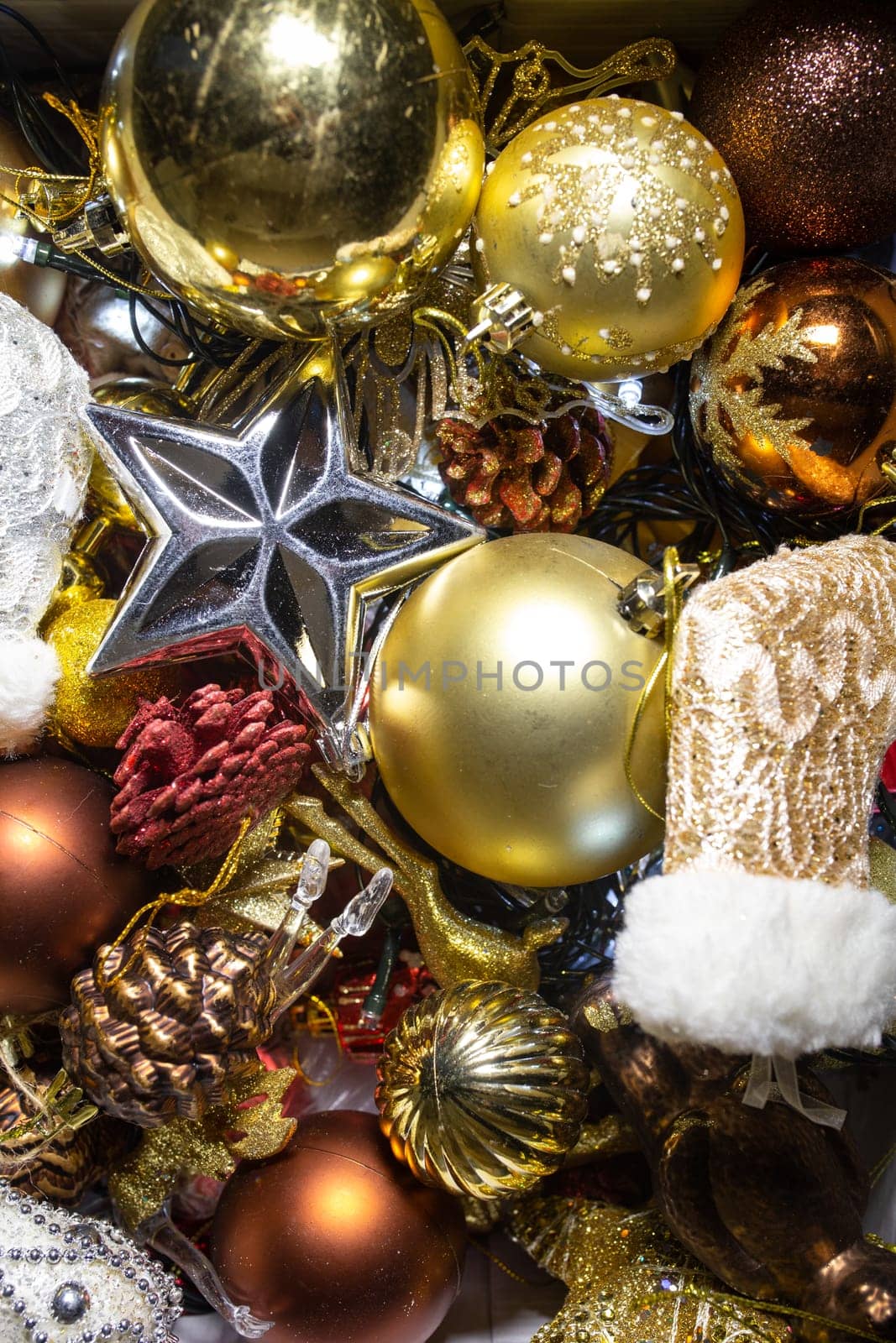 top view of various christmas toys, festive new year background. by Pukhovskiy