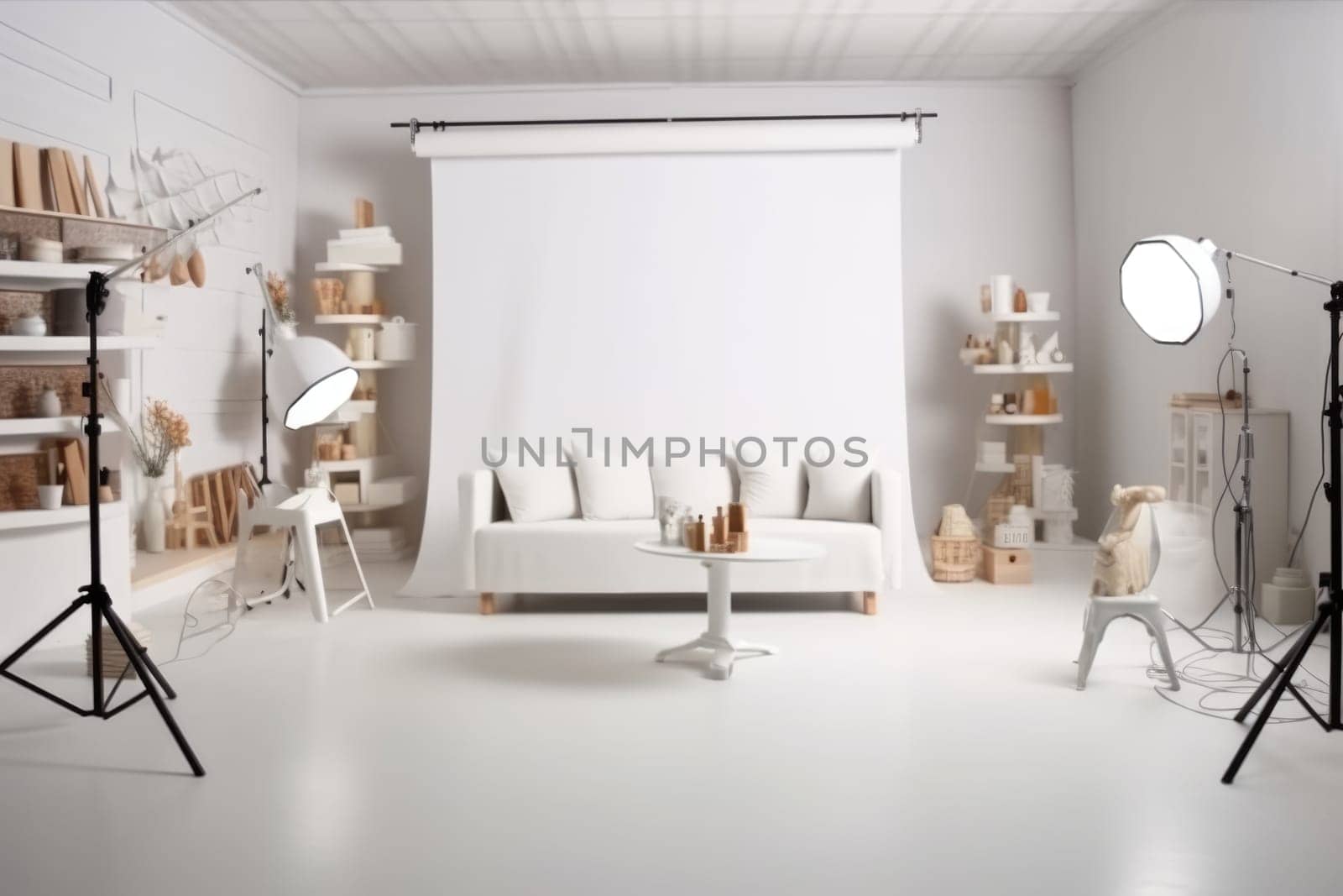 Photo studio interior with professional equipment and workplace in white colors. AI Generated by Desperada