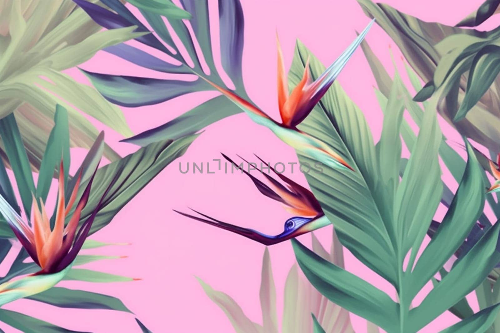 jungle flower pattern watercolor wallpaper plant seamless orange vintage trendy green hawaiian pink palm colorful floral white summer tropical leaf. Generative AI.