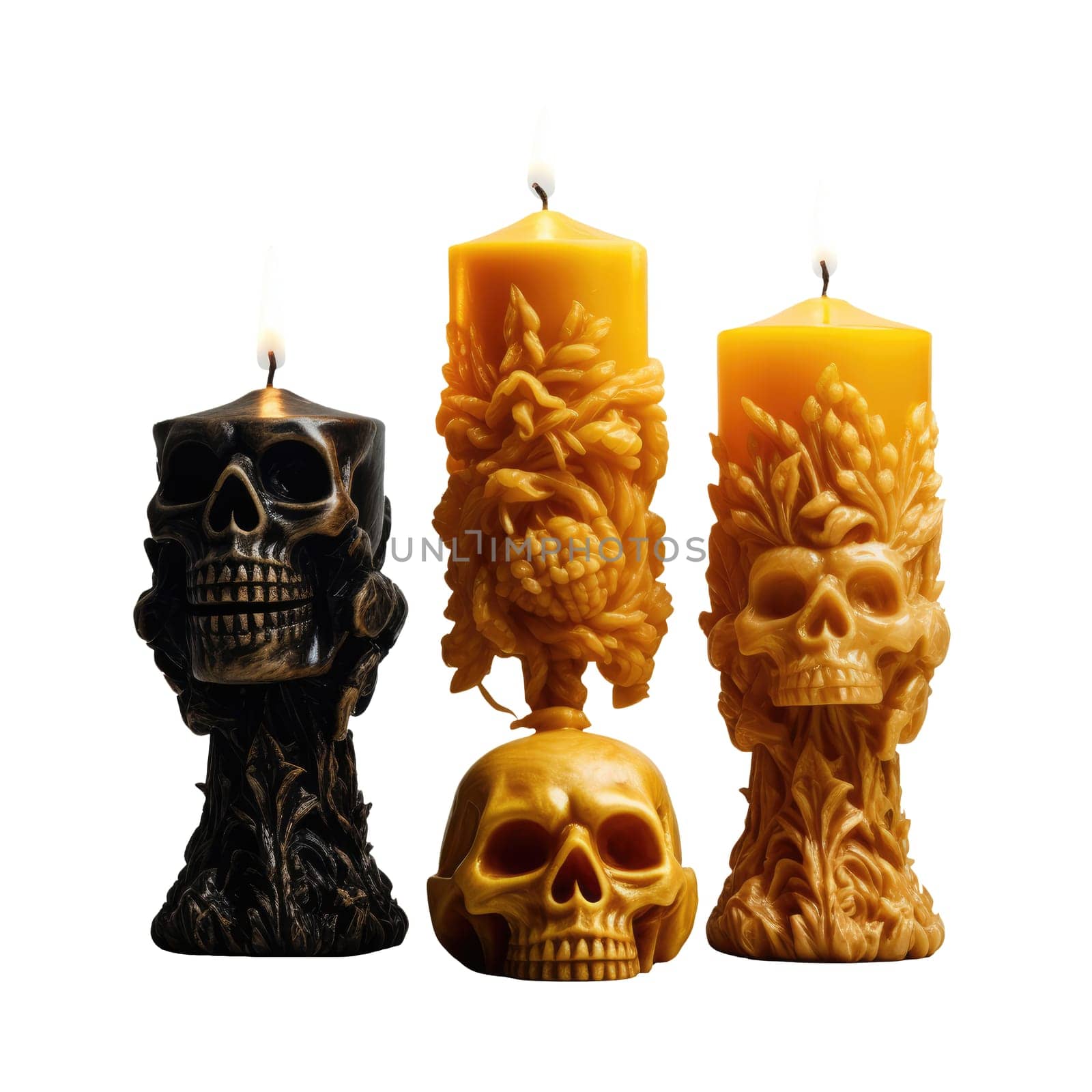 Halloween candles on white background. Isolated ominous candles for holiday or witch fortune telling