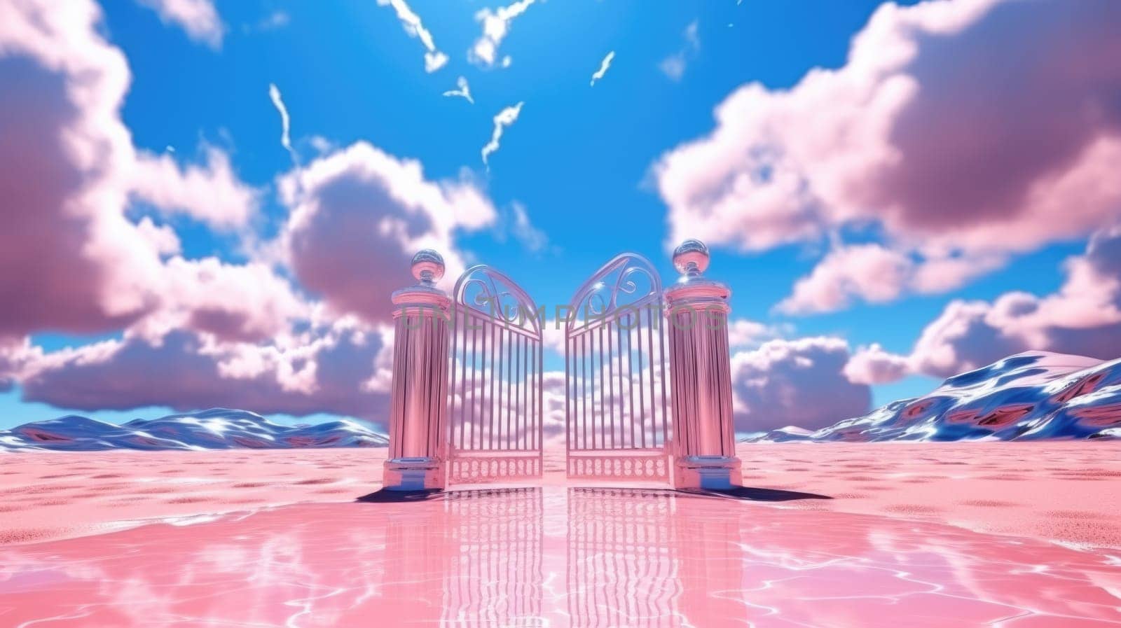 3d rendered Abstract aesthetic background. Surreal fantasy landscape. Water, pink desert, neon square shape chrome metallic gate under the blue sky with white clouds. Virtual reality wallpaper. Generative AI weber. by biancoblue