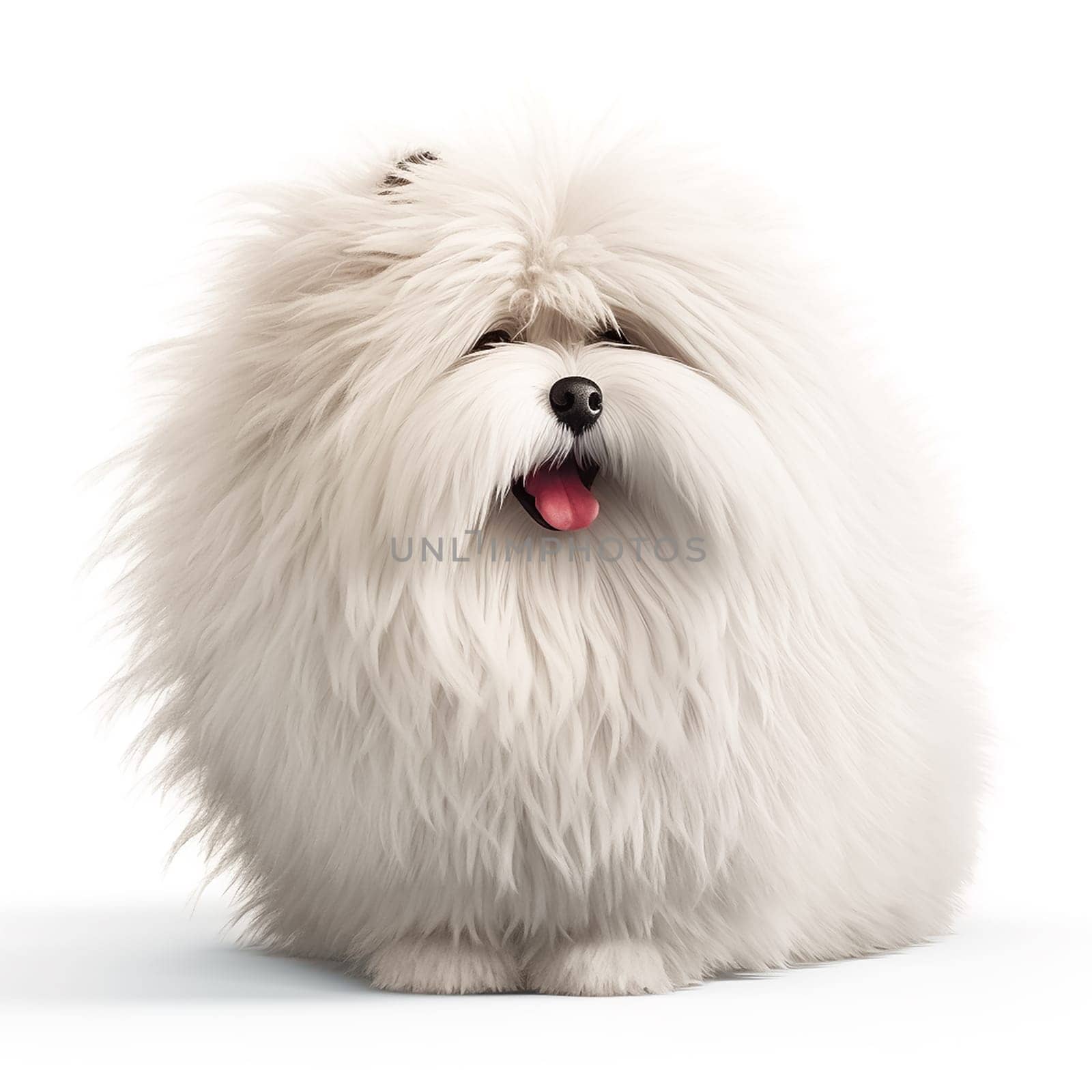 Funny white very fluffy dog of unknown breed isolated on white background. Dog with tongue out by esvetleishaya