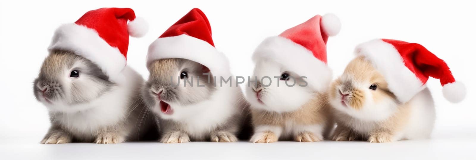 Four funny little rabbits in Christmas hats. Christmas or new year concept with rabbits in red Santa Claus hats. by esvetleishaya