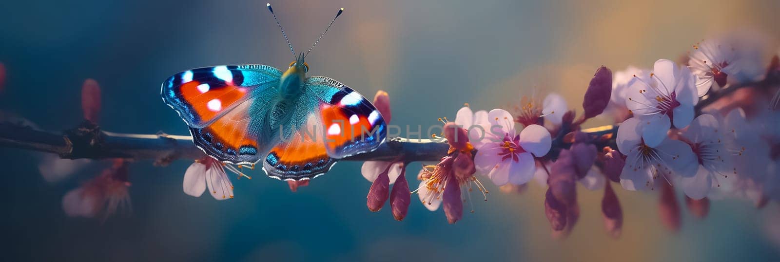 The butterfly is sitting on Pink cherry blossoms branch on the blurred blue sky background. Long banner with Spring flowers of cherries tree. by esvetleishaya