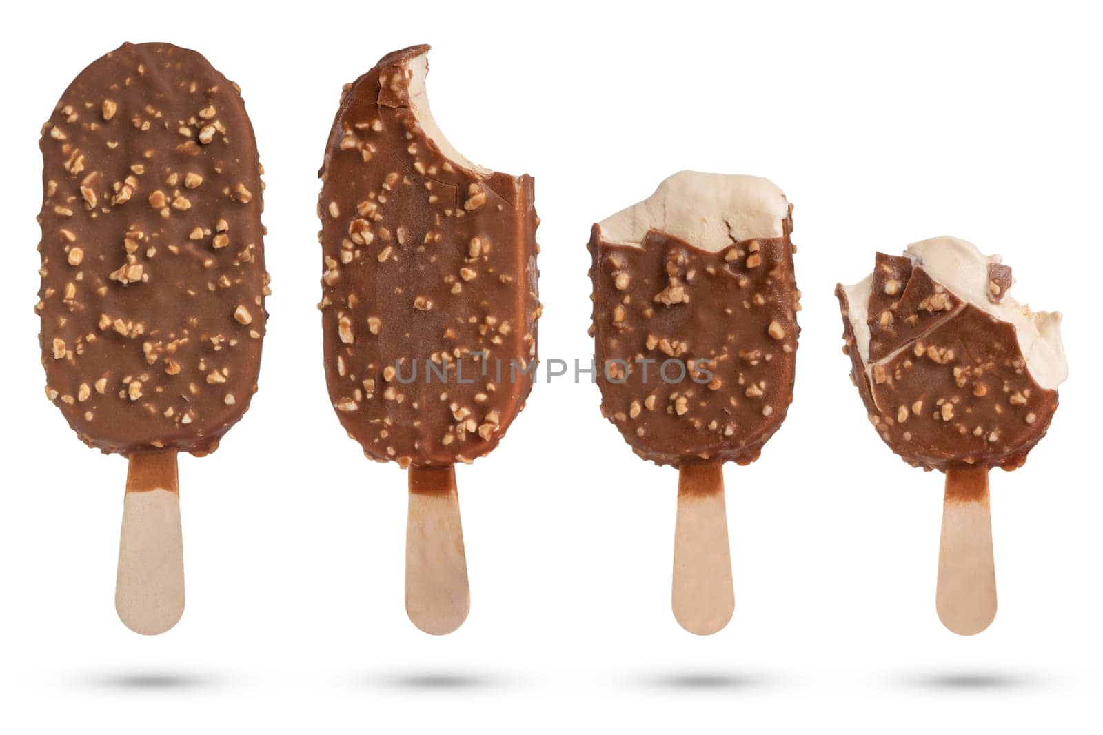 Vanilla ice cream with chocolate icing without different pieces on a white isolated background. Ice cream close-up. High quality photo