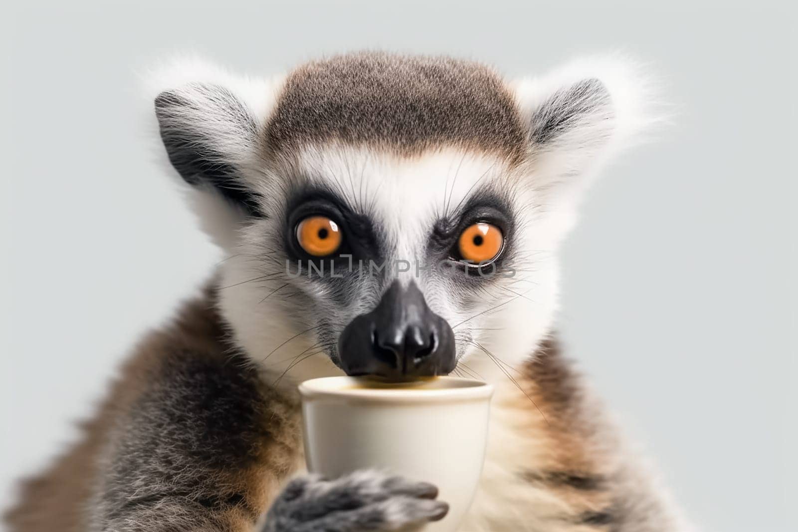 Portrait of a funny lemur drinking coffee from a paper cup and looking at the camera. Portrait of Ring-tailed lemur with big yellow eyes close up.
