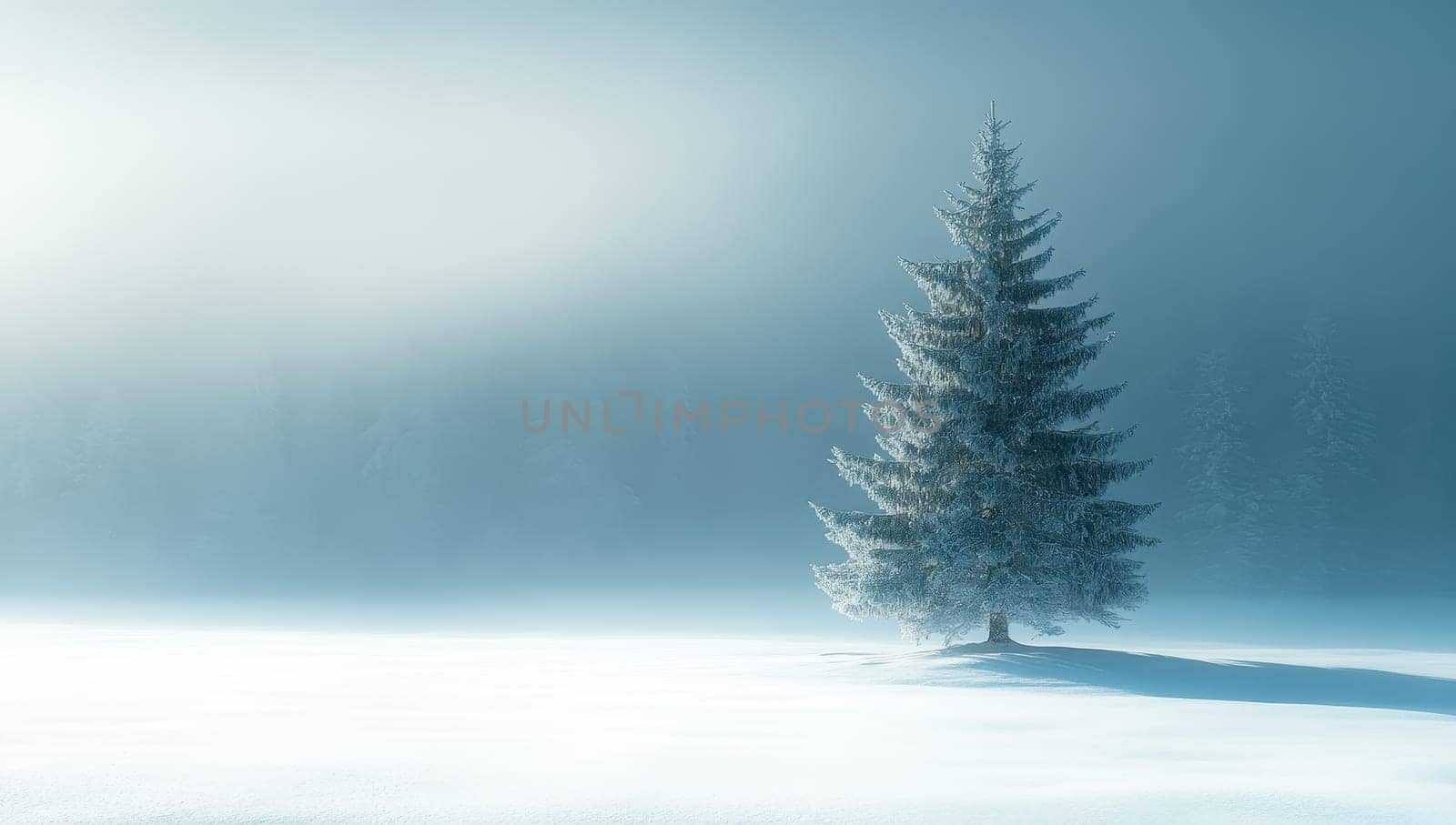 Solitary Snow Covered Pine Tree in a Misty Winter