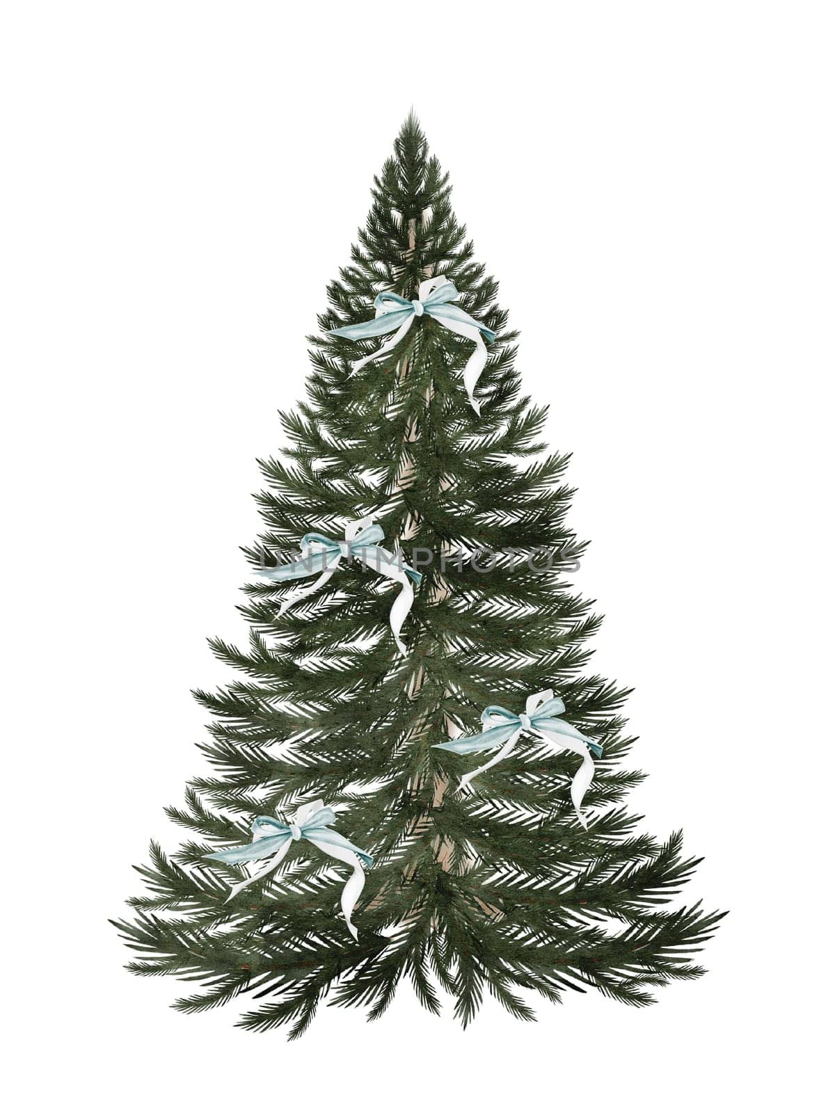 Watercolor Christmas tree with bows. Hand drawn vintage evergreen tree isolated on white background. Clip art of Christmas and New Year symbol. Ideal for greeting cards, posters and home crafts design. High quality illustration