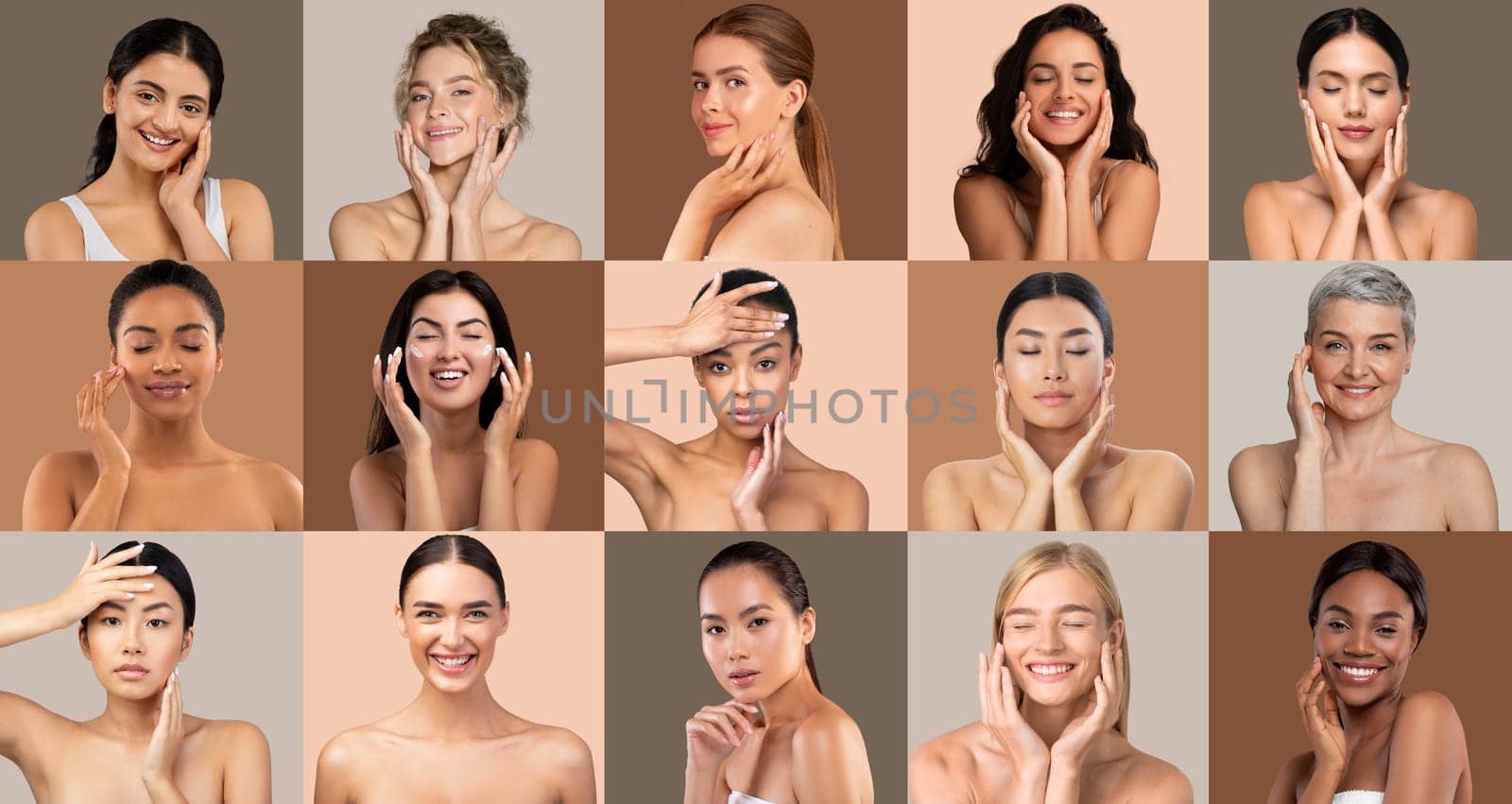 A diverse collection of women displays their natural beauty while engaging in skincare routines. Each individual brings a unique expression of confidence and self-care.