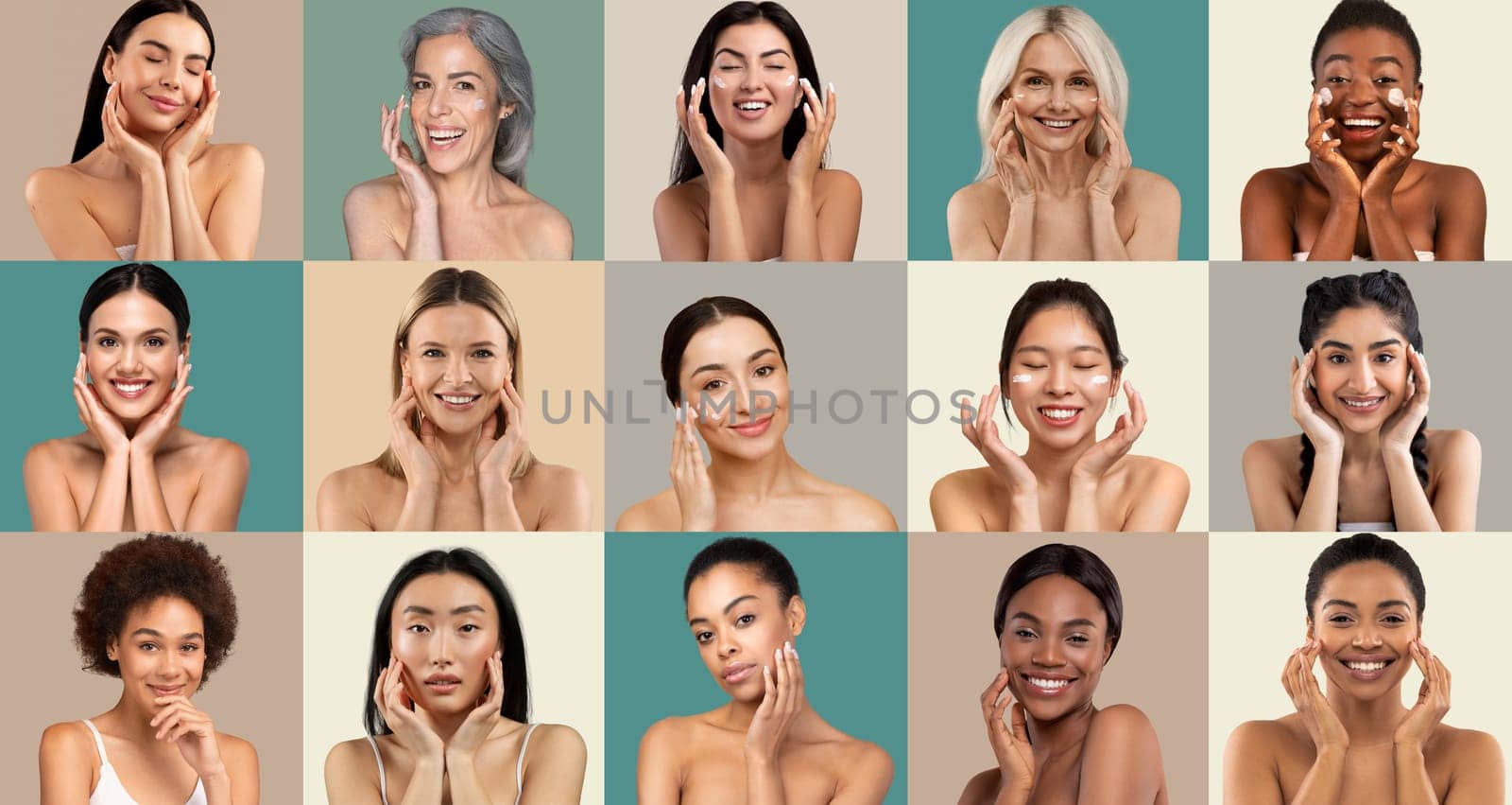 A group of women from various backgrounds showcase skincare routines and beauty expressions, highlighting joy and self-care in a colorful studio environment filled with natural light.