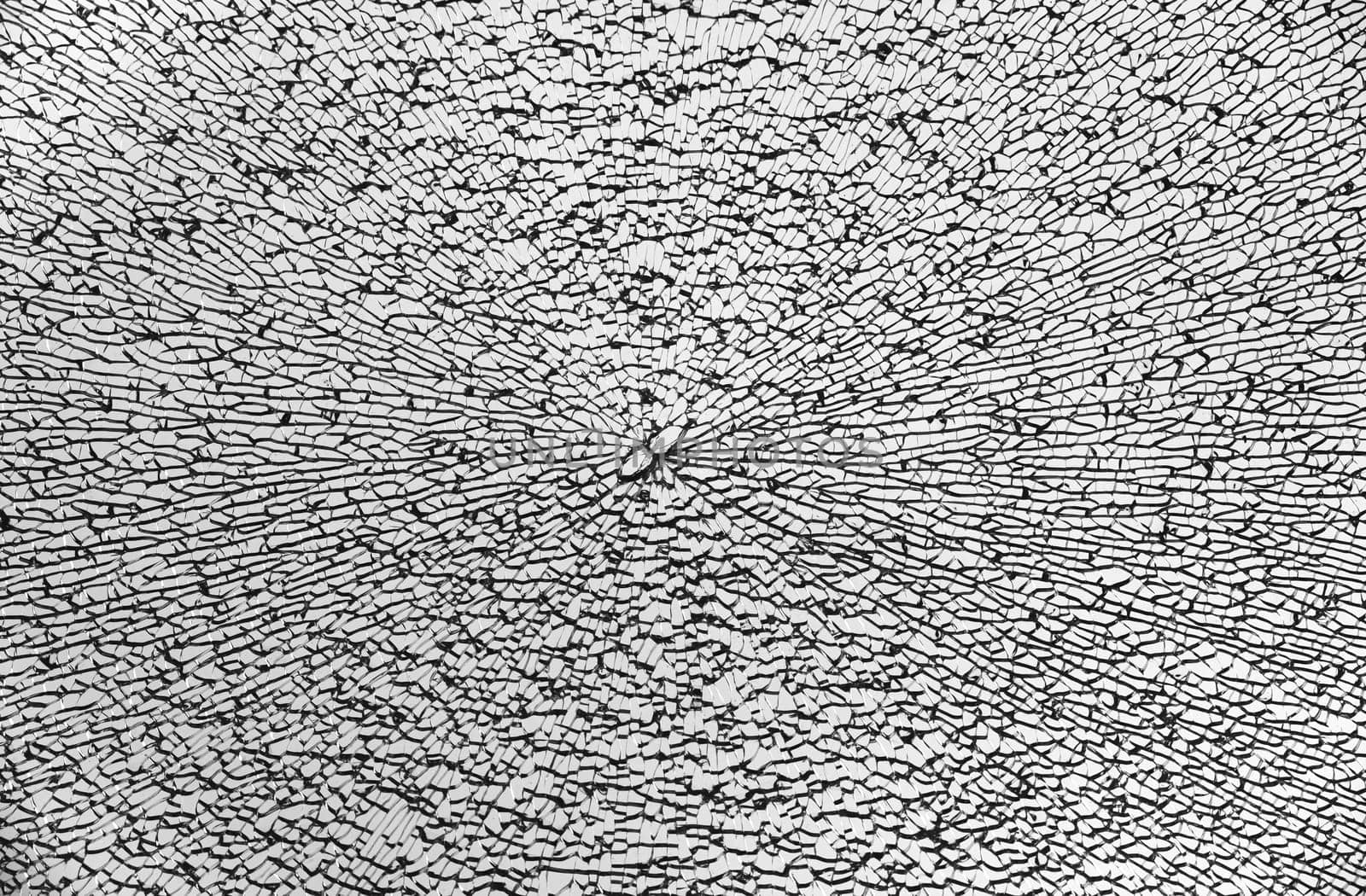 A black-and-white close-up of shattered glass spreading outward from a central point. Cracked glass pattern with intricate black lines fanning across the image.