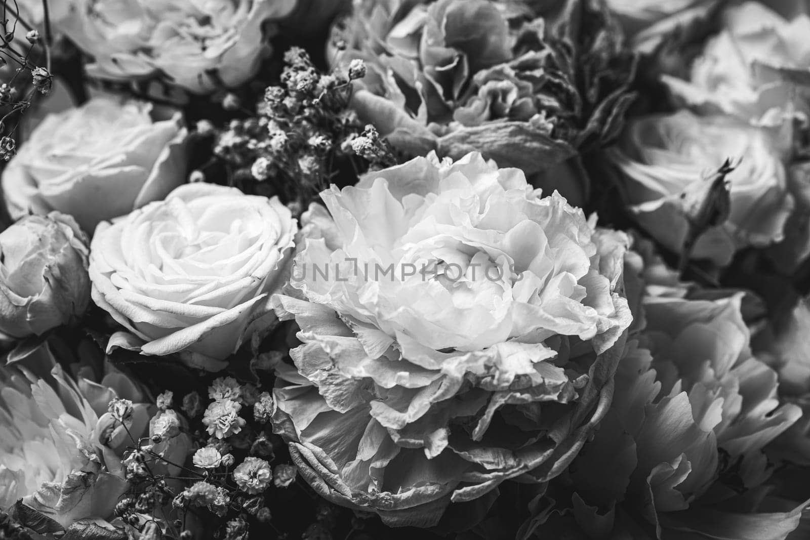 A beautiful black and white floral arrangement. Soft, romantic floral background.