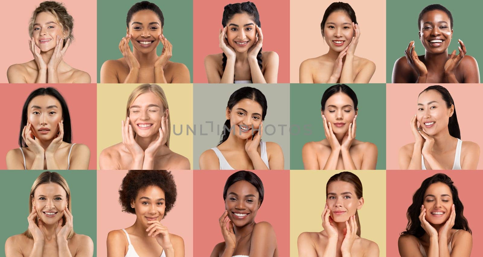 A collection of women from various backgrounds demonstrates skincare routines with joyful expressions. The colorful backdrop emphasizes their unique beauty and positivity during the activity.