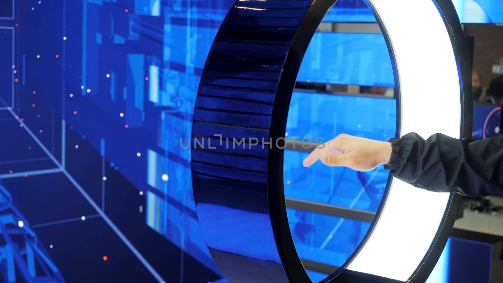 Touch circle for virtual communication. Media. New technology of virtual immersion. Manual motion control in virtual space.