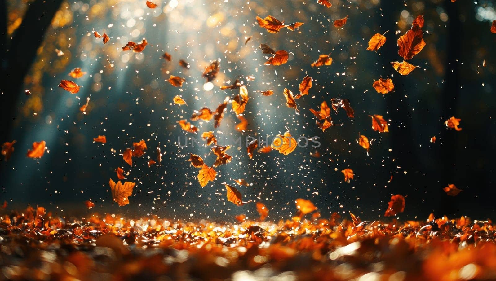 Falling Autumn Leaves in Sunlit Forest