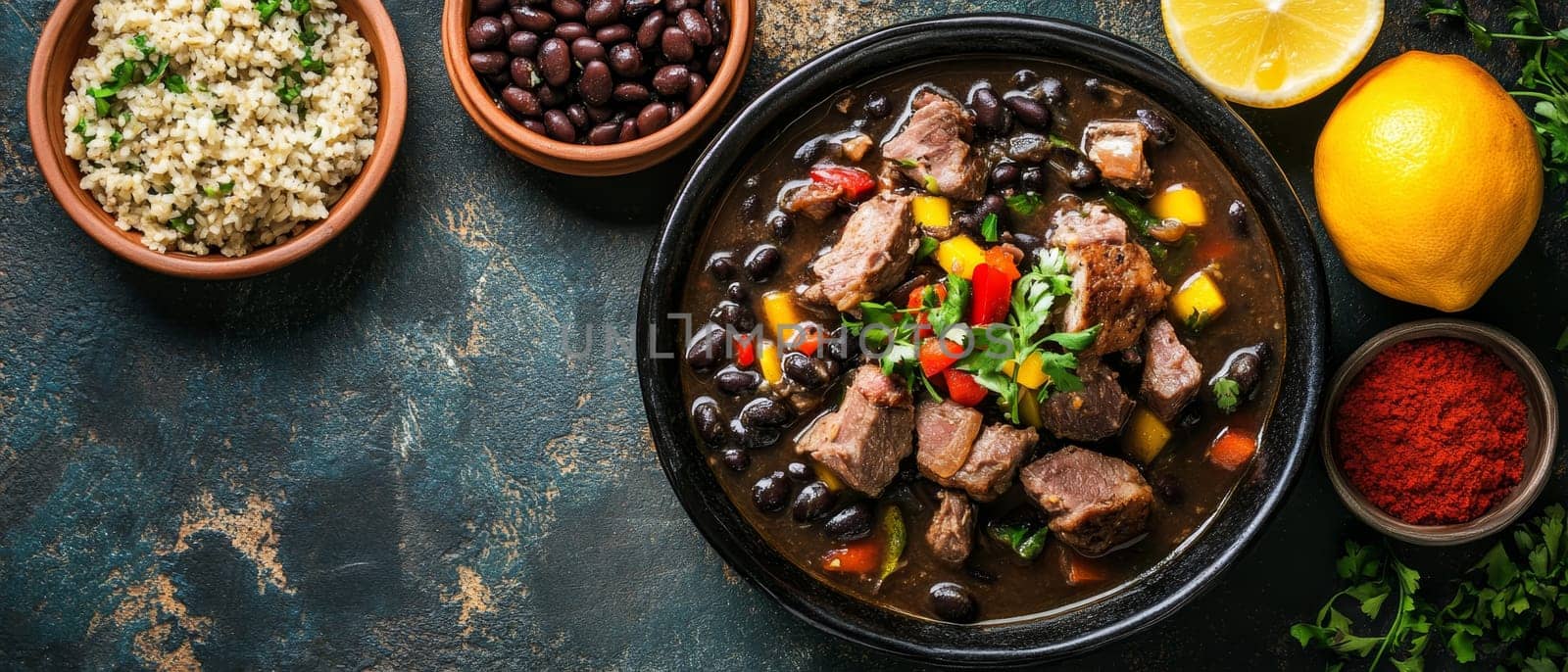 Traditional Brazilian feijoada stew served with rice, black beans, oranges, and herbs, presenting a hearty and flavorful meal rich in cultural heritage.