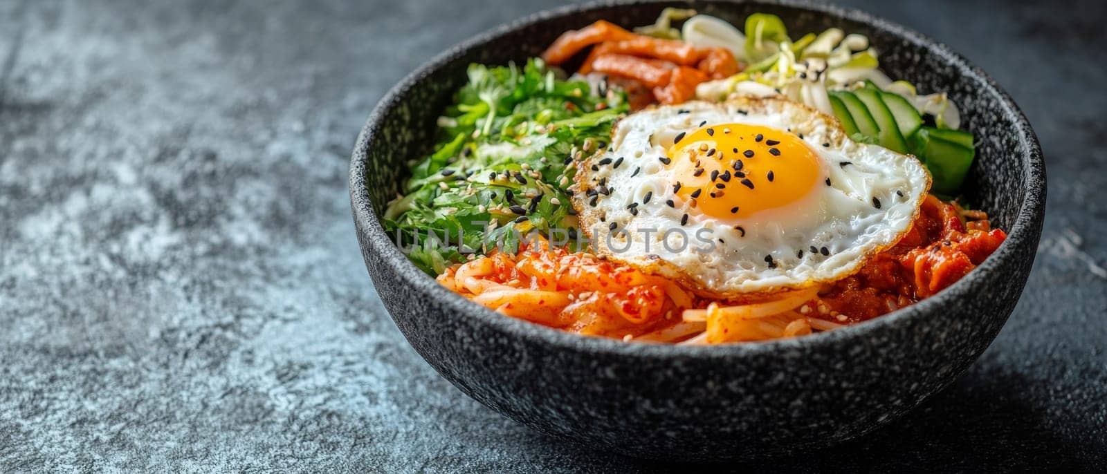 A vibrant Korean inspired bibimbap bowl featuring a sunny side up egg, colorful vegetables, rice, and spicy sauce, garnished with sesame seeds and fresh herbs.