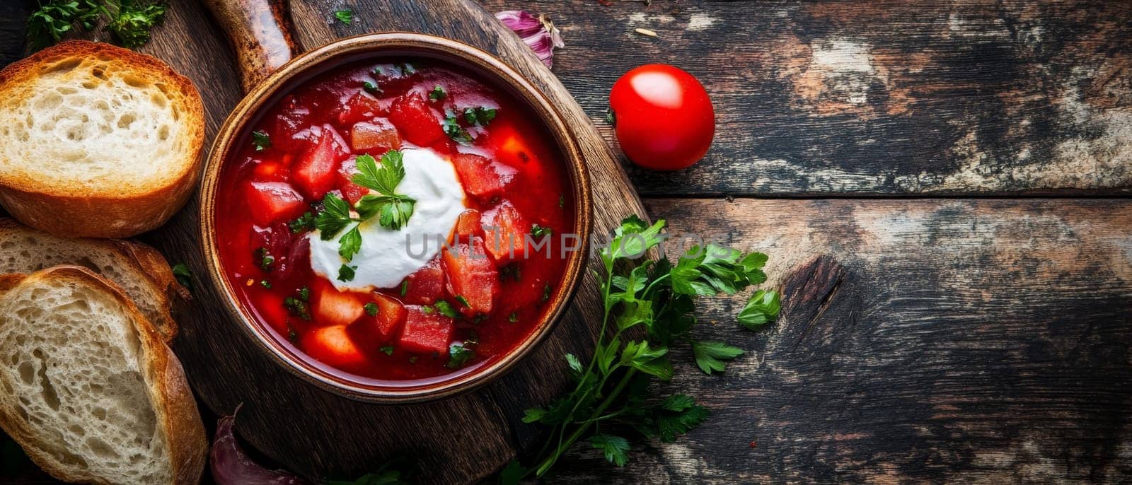 Traditional borscht soup with vibrant red beets, vegetables, and a dollop of sour cream, served with crusty bread slices on a rustic wooden table.