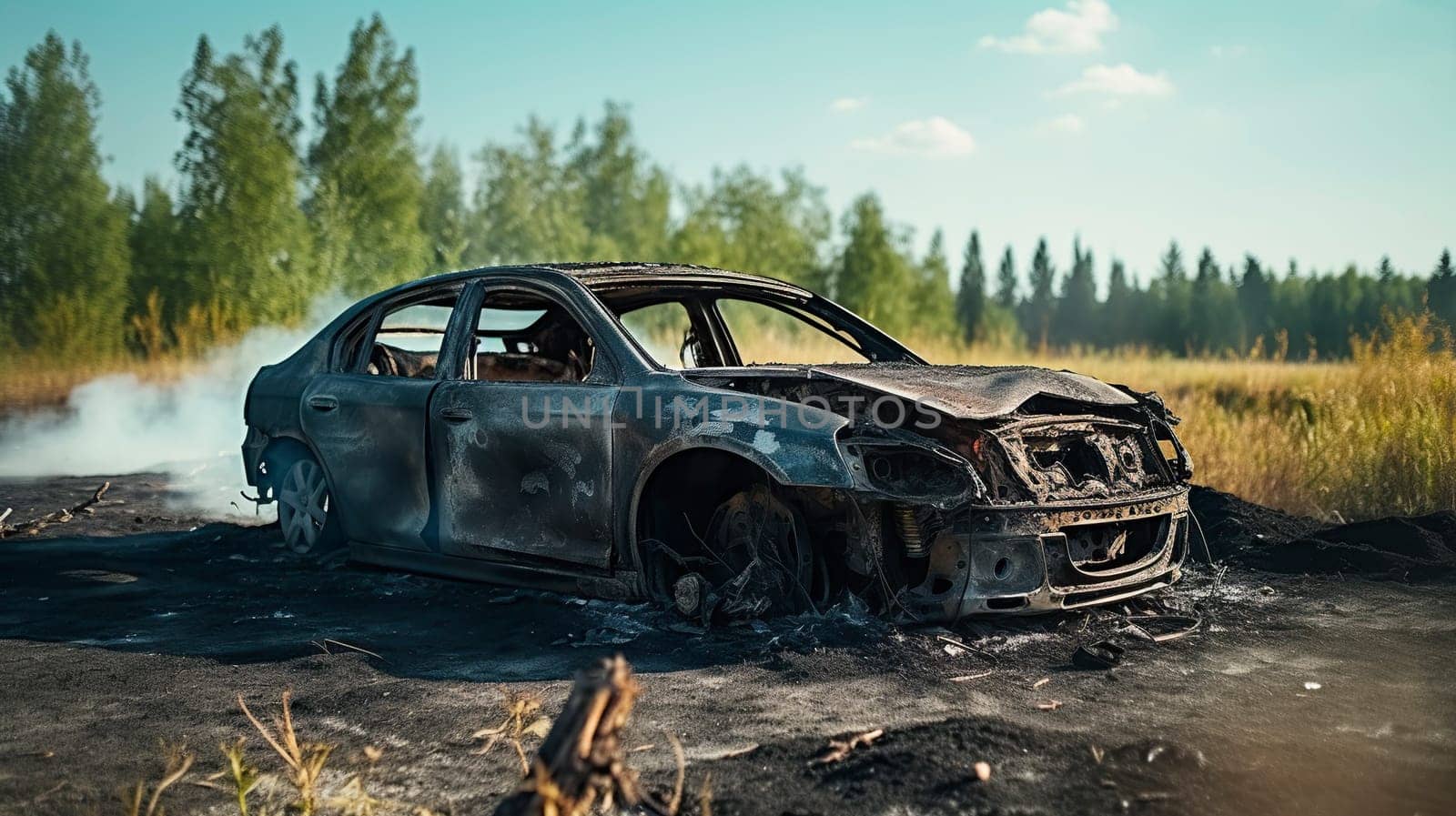The car after the fire. Burnt passenger car Closeup. Burnt car frame with ash and garbage after a fire. Rusty steel and metal structures. Broken glass. Traffic accident and vandalism concept.