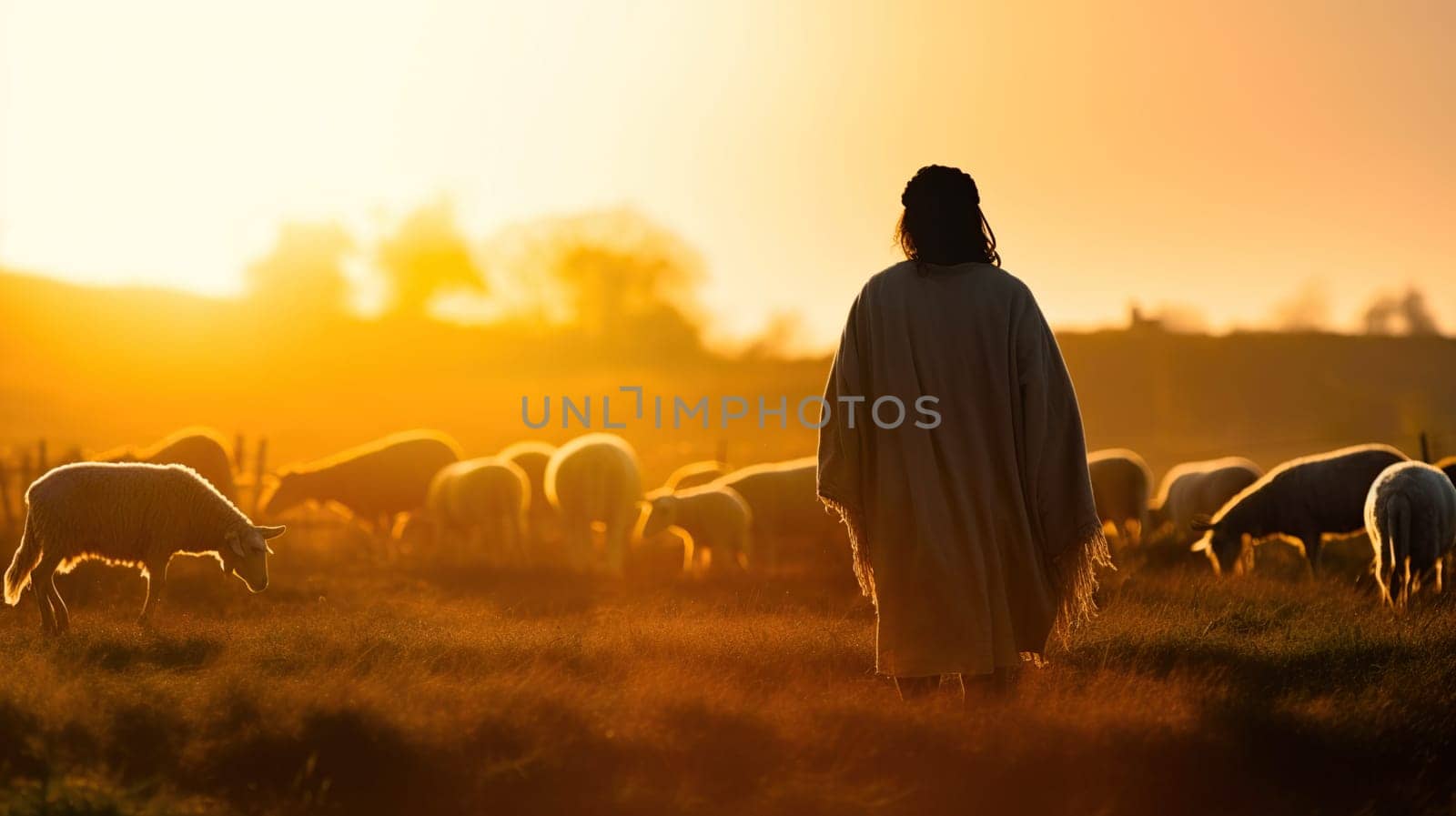 A man is standing in front of a large herd of sheep, observing and interacting with them in a beautiful natural setting around him