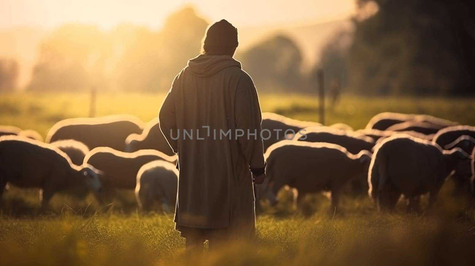 A man is standing in front of a large herd of sheep, observing and interacting with them in a beautiful natural setting around him