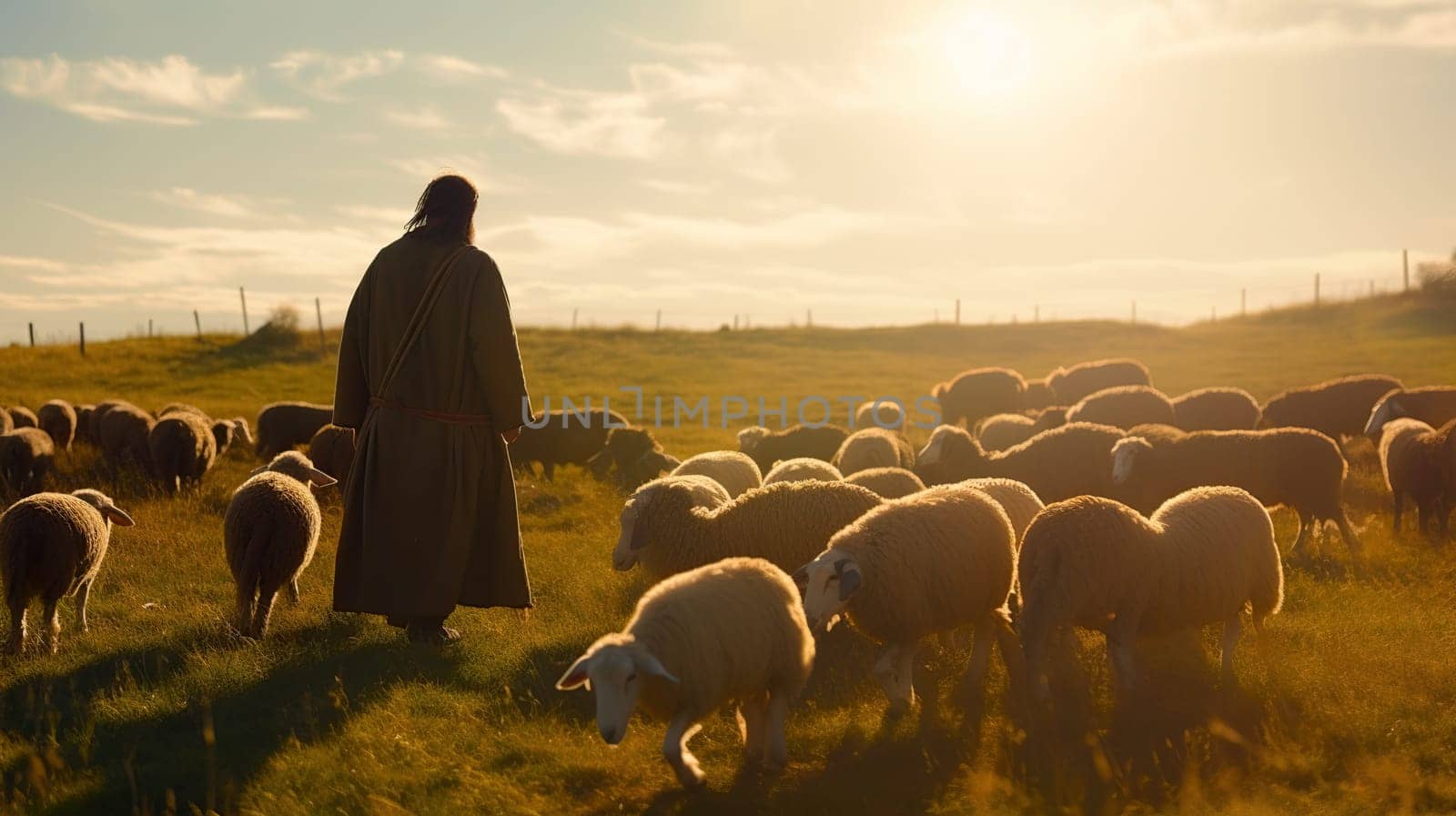 A man is standing in front of a large herd of sheep, observing and interacting with them in a beautiful natural setting around him