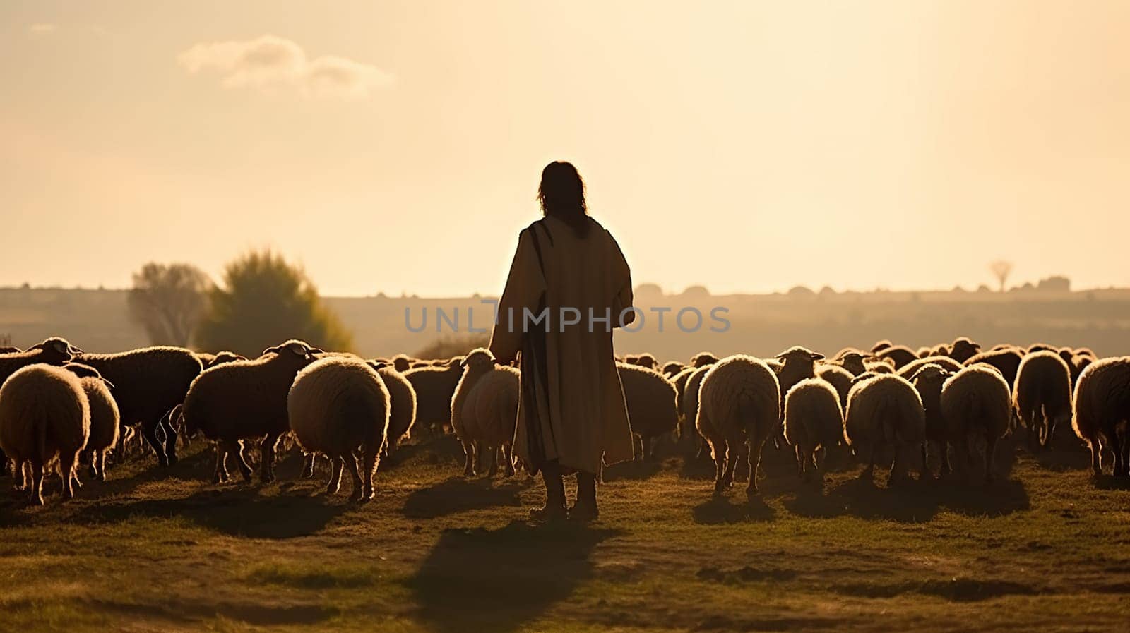 A man is standing in front of a large herd of sheep, observing and interacting with them in a beautiful natural setting around him