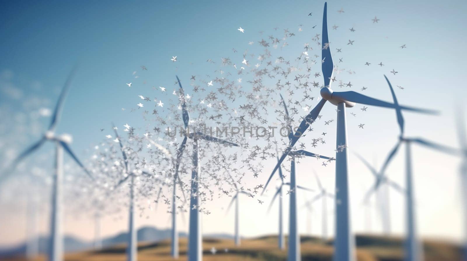 A picturesque row of wind turbines gracefully stands against the expansive backdrop of a breathtaking starry night sky, creating a stunning visual