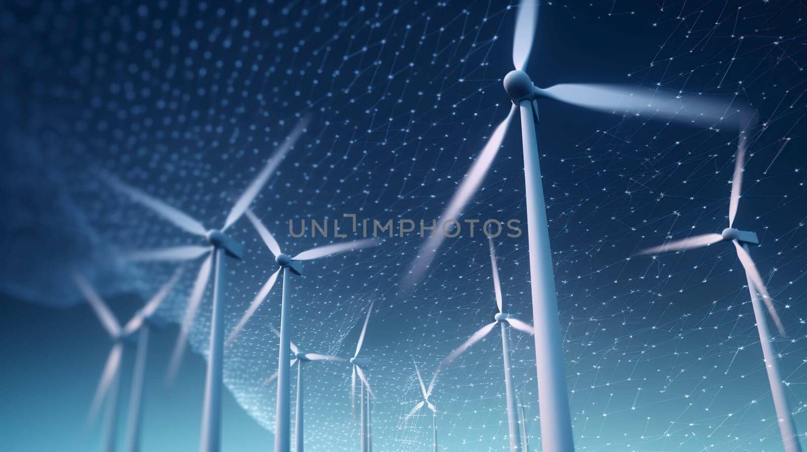 A picturesque row of wind turbines gracefully stands against the expansive backdrop of a breathtaking starry night sky, creating a stunning visual