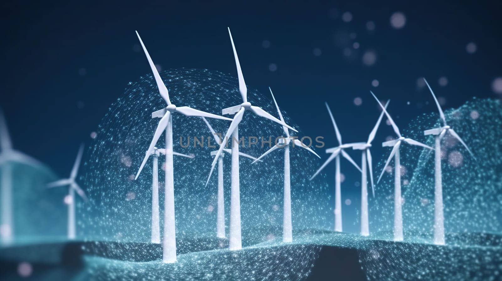 A picturesque row of wind turbines gracefully stands against the expansive backdrop of a breathtaking starry night sky, creating a stunning visual