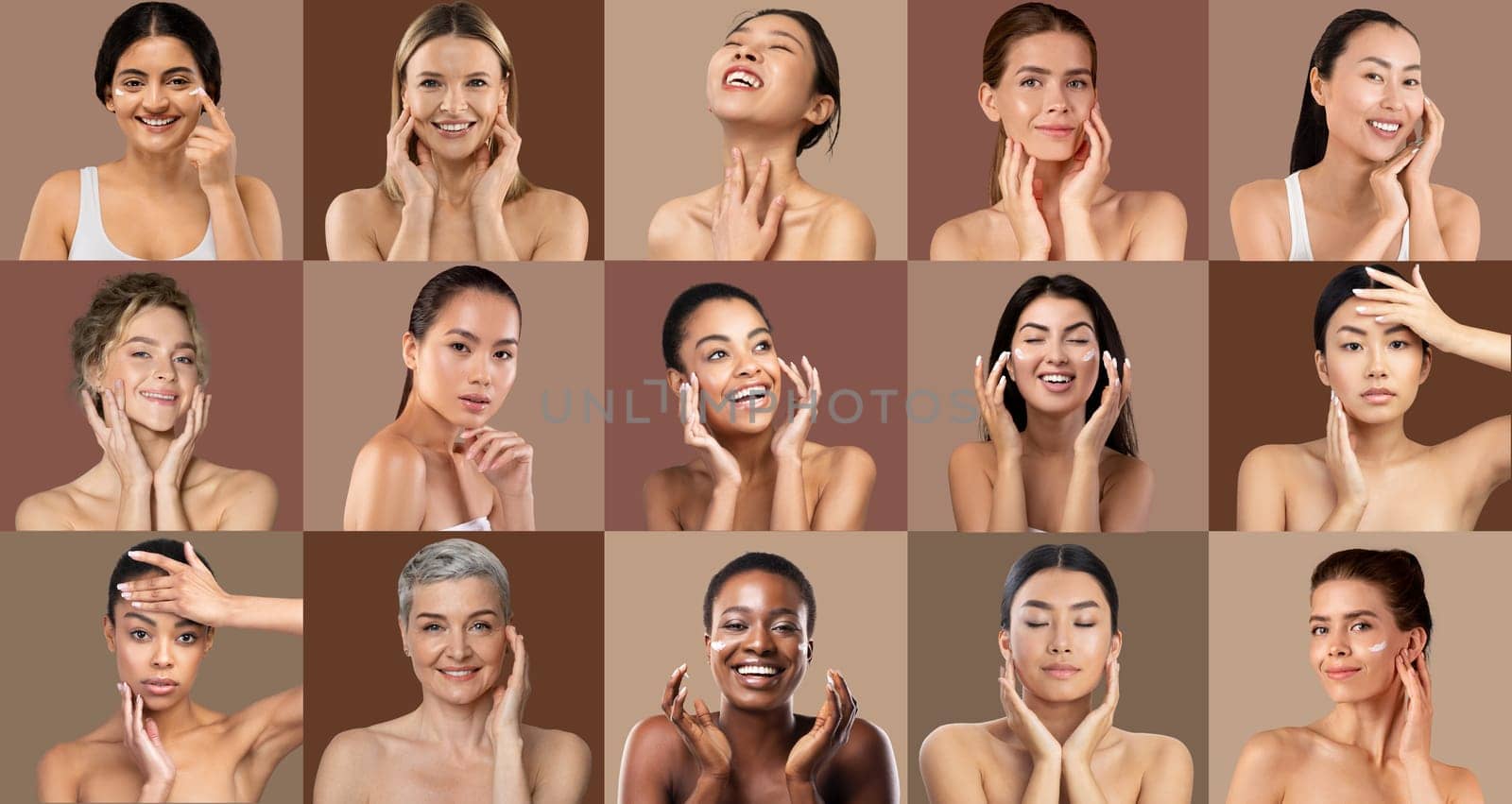 Groups of women of different backgrounds showcase their skincare routines, smiling and enjoying the moment while emphasizing self-care and beauty in a warm, inviting setting.