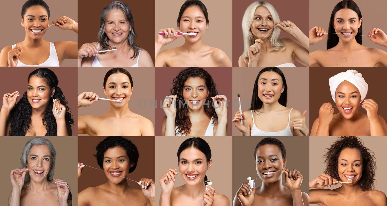 A vibrant collection features women of various ages and backgrounds demonstrating their oral care routines
