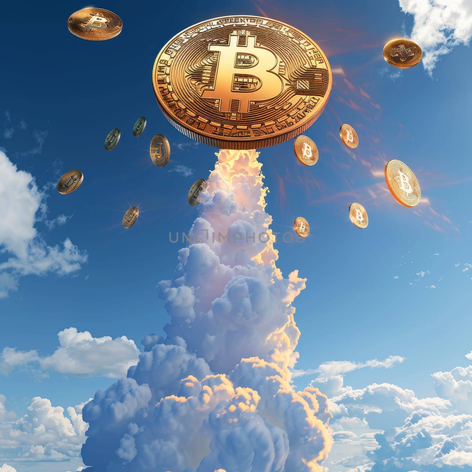 A giant Bitcoin propels through a cloud column, depicting an explosive rally in its value. The image conveys a strong bullish sentiment in the cryptocurrency market