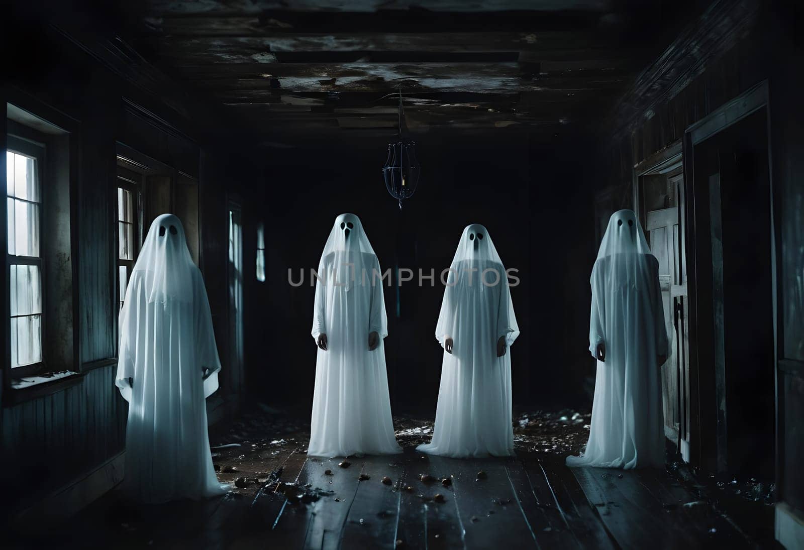 Ghostly figures float through a dark, abandoned house on Halloween, with eerie shadows and fog