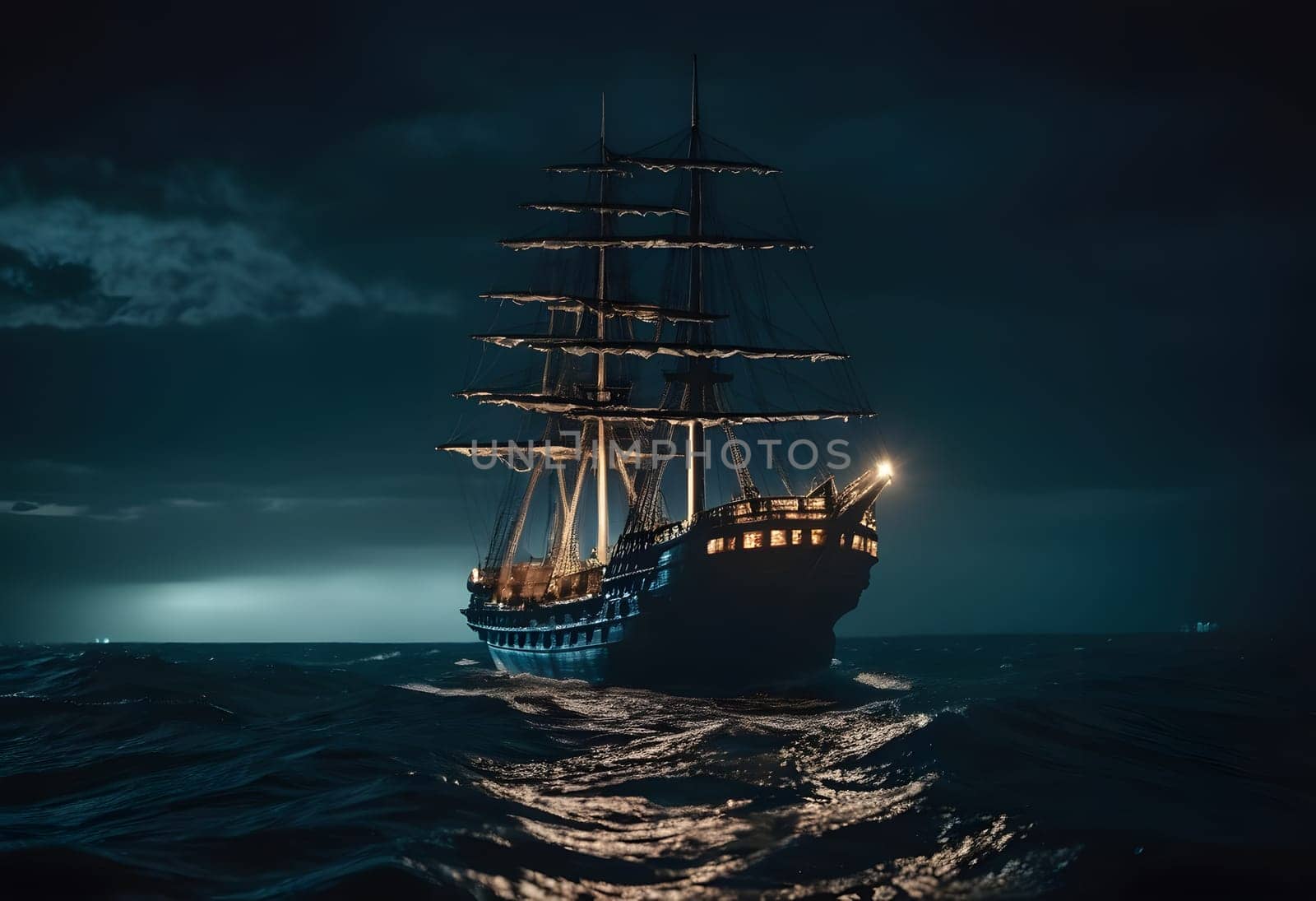 A ghostly ship sails through dark waters on Halloween night, surrounded by eerie mist and glowing fog