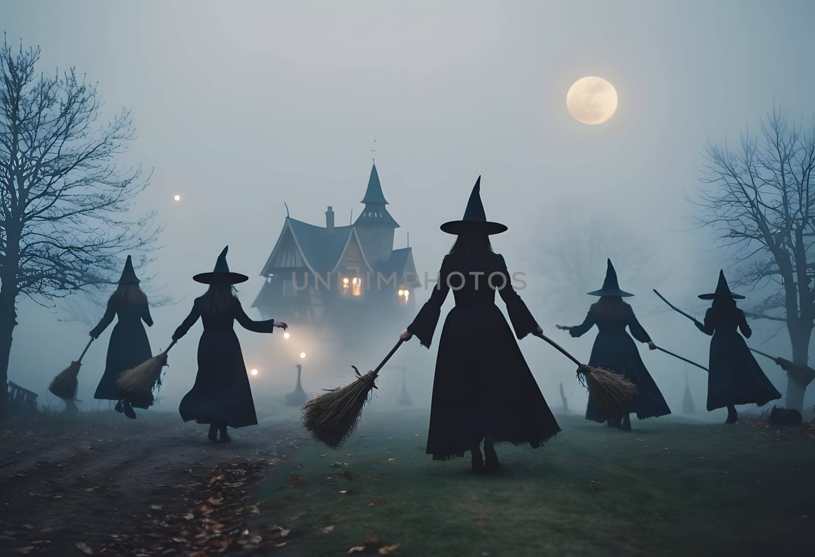 Witches fly over a foggy Halloween village, casting eerie shadows across rooftops as the night glows with magic