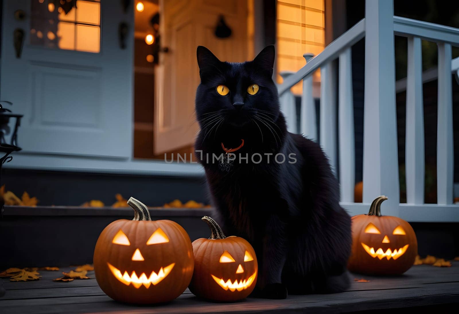 A black cat with glowing eyes sits on a pumpkin-filled porch, watching a spooky Halloween night