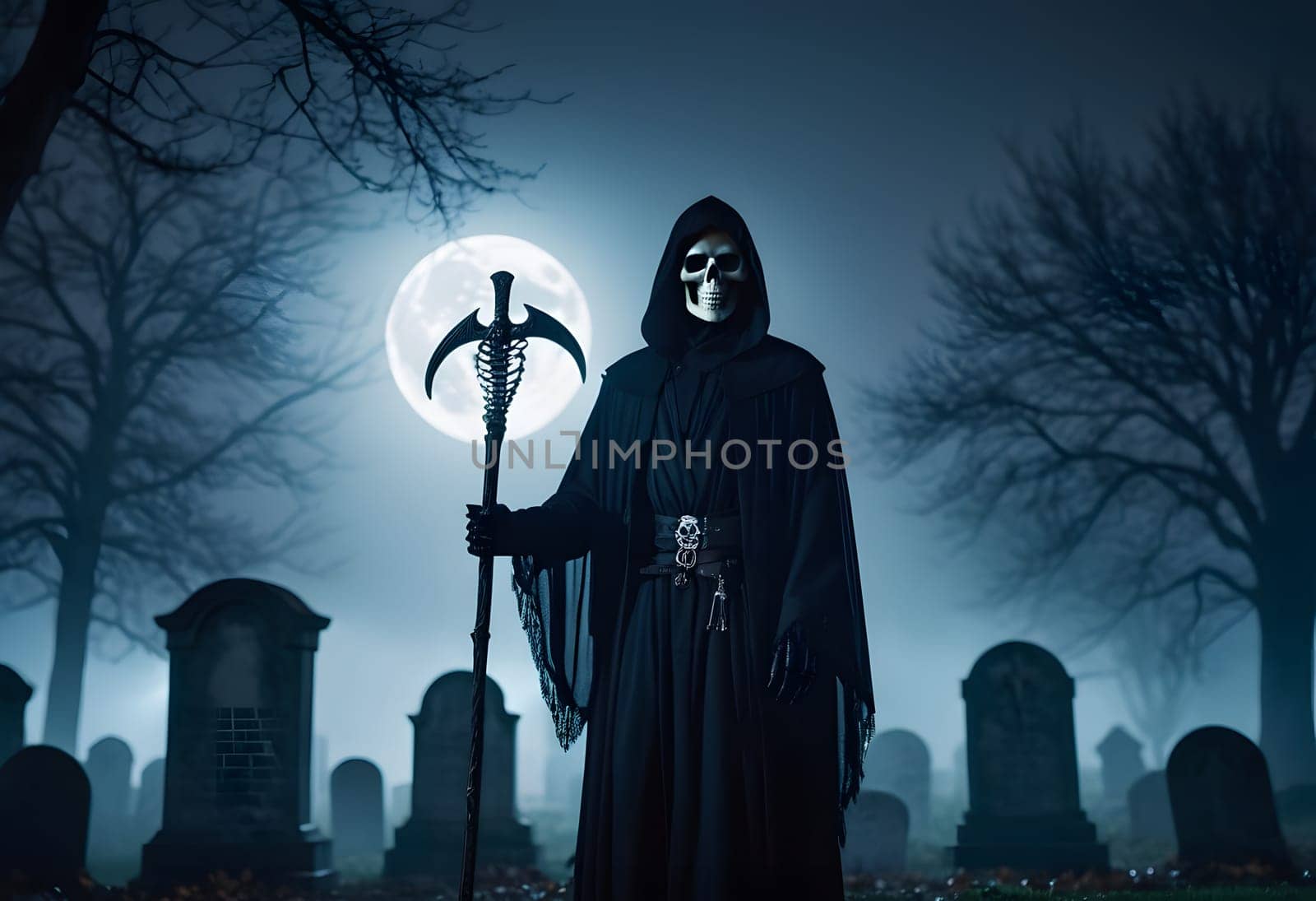 The Grim Reaper stands tall in a foggy Halloween graveyard under a glowing full moon, surrounded by eerie mist