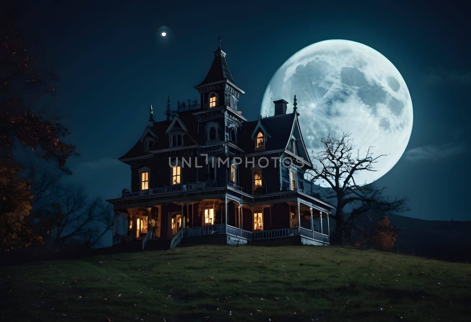 A creepy haunted mansion glowing under the eerie Halloween moon, surrounded by fog and shadows