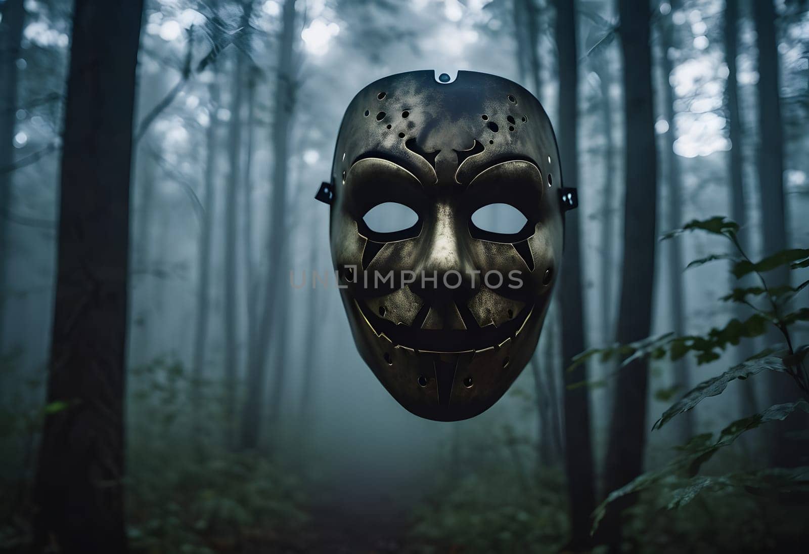 A creepy Halloween mask floats in a dark, misty forest, with glowing fog creating an eerie atmosphere