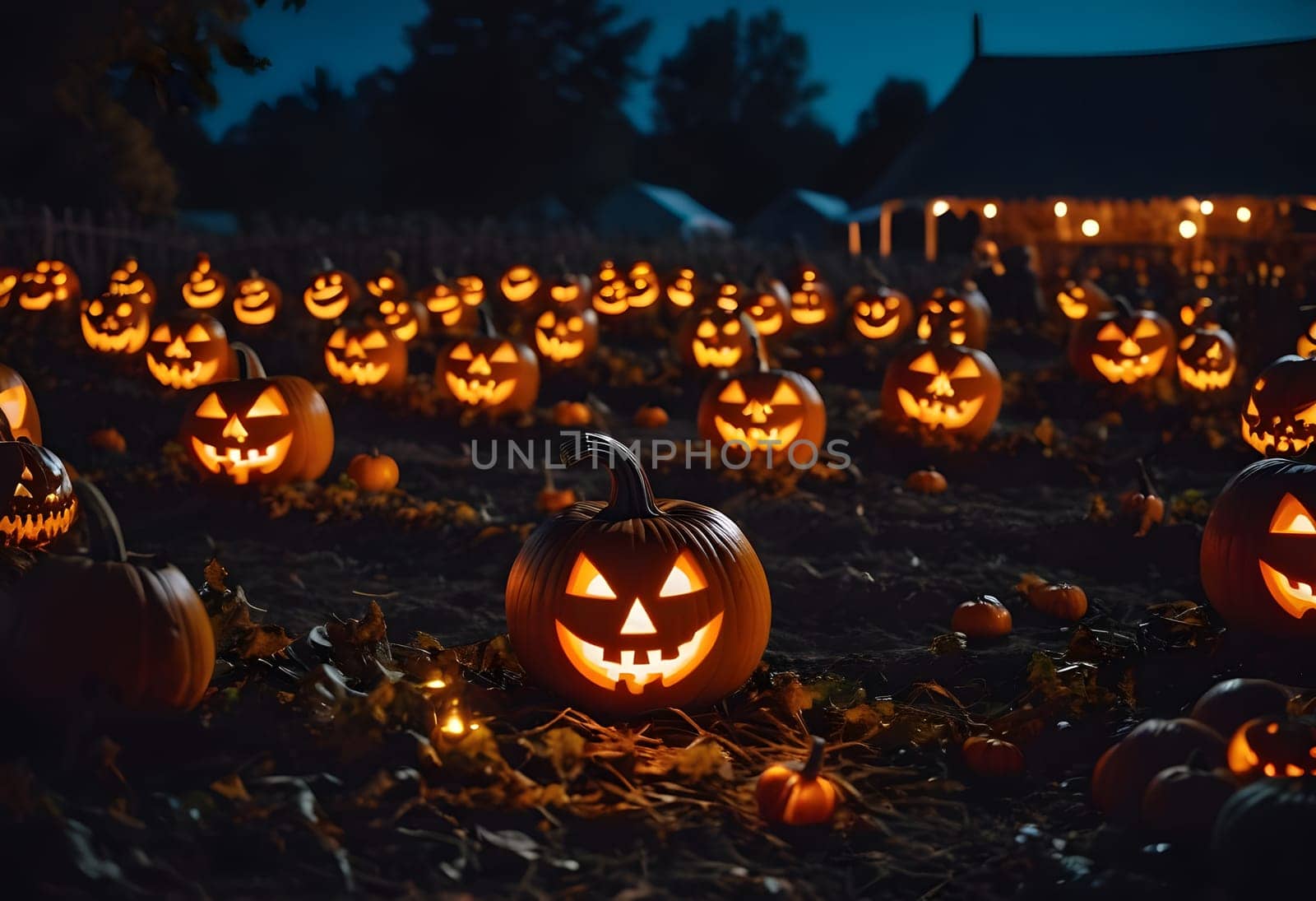 A spooky pumpkin patch at night filled with glowing jack-o'-lanterns and eerie Halloween decorations