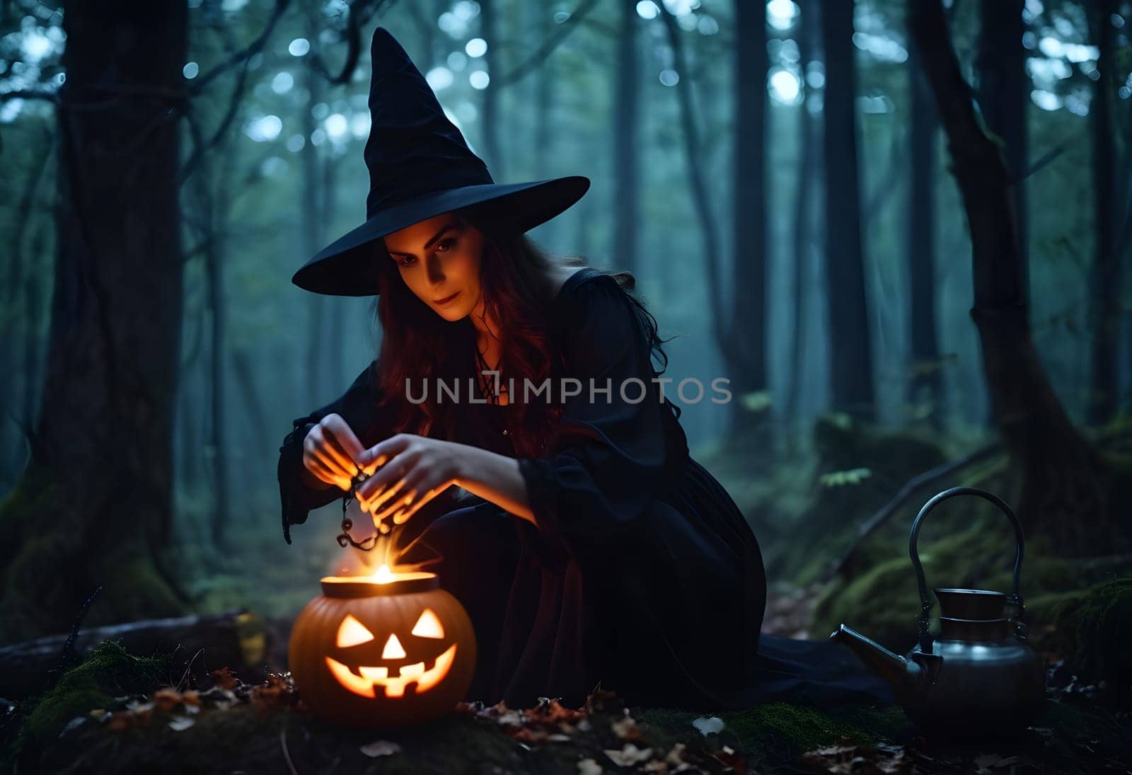 A witch brews a magical potion in a dark, haunted forest on Halloween, surrounded by glowing mist